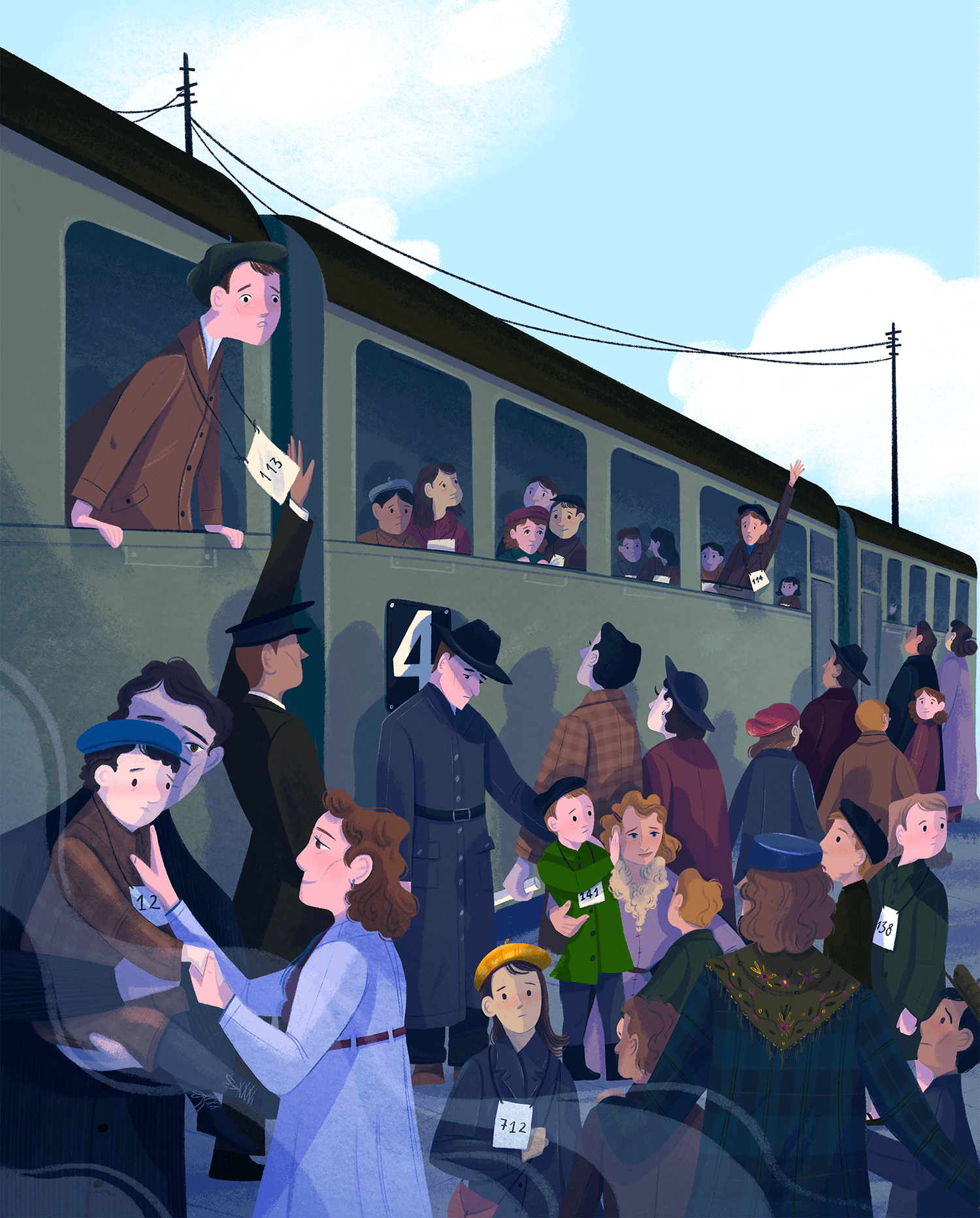 A train with children and theirs parents saying goodbye in World War II.