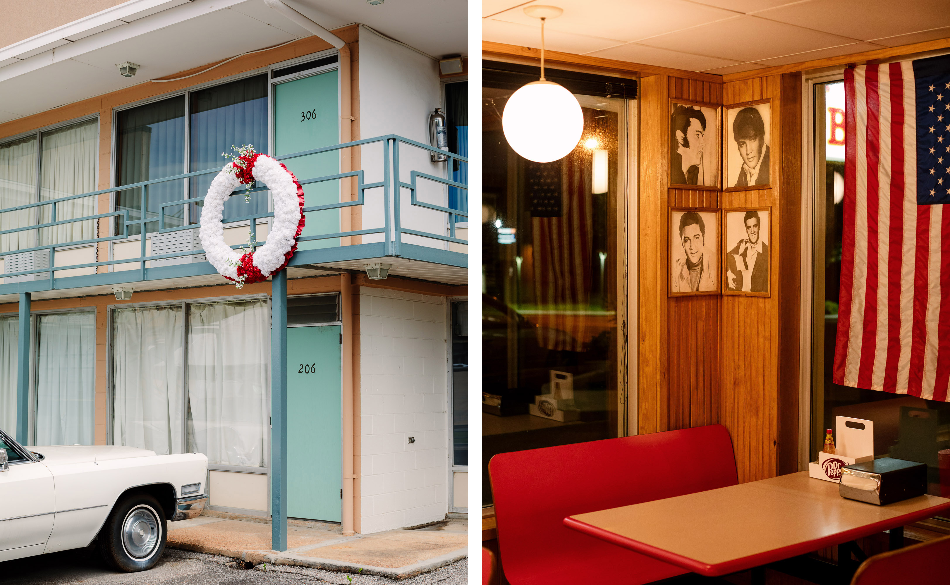 The site of Dr. Martin Luther King, Jr.’s assassination at the Lorraine Motel in Memphis, Tn. Portraits of Elvis “The King” Presley hang at Tops Bar-B-Q restaurant in Memphis, Tn.