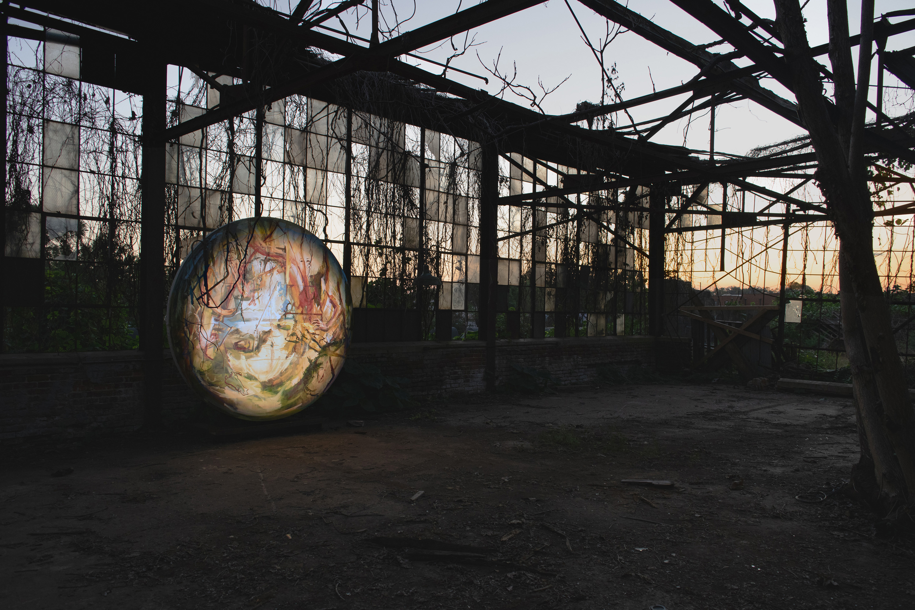 The Middle Distance, oil on canvas, 96" diameter, 110' warehouse, spotlight, viewfinder