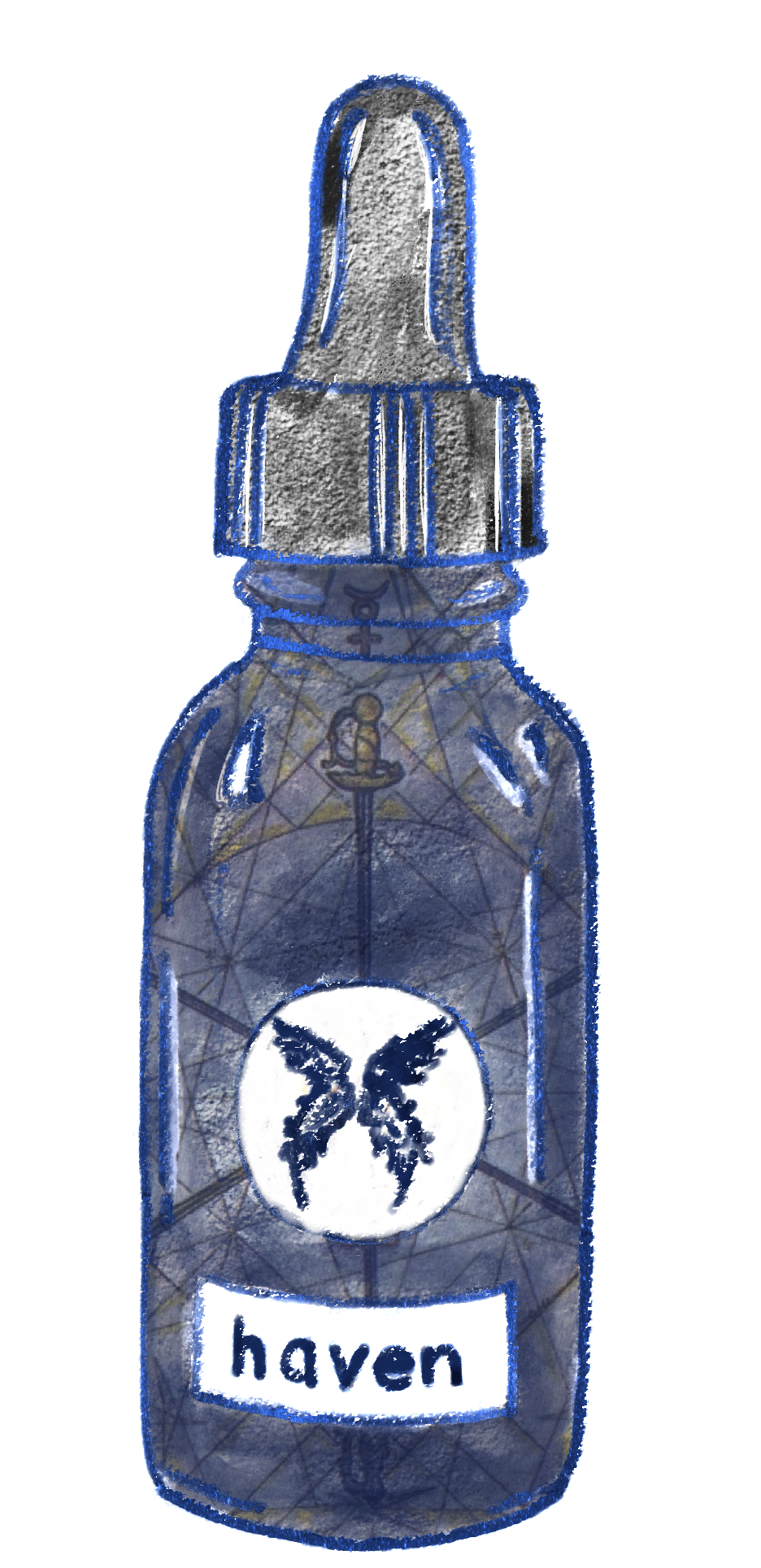 vero's illustration of a blue-tinted glass dropper bottle with butterfly logo and label "haven" and the image of 6 of swords from thoth tarot contained within the translucent bottle