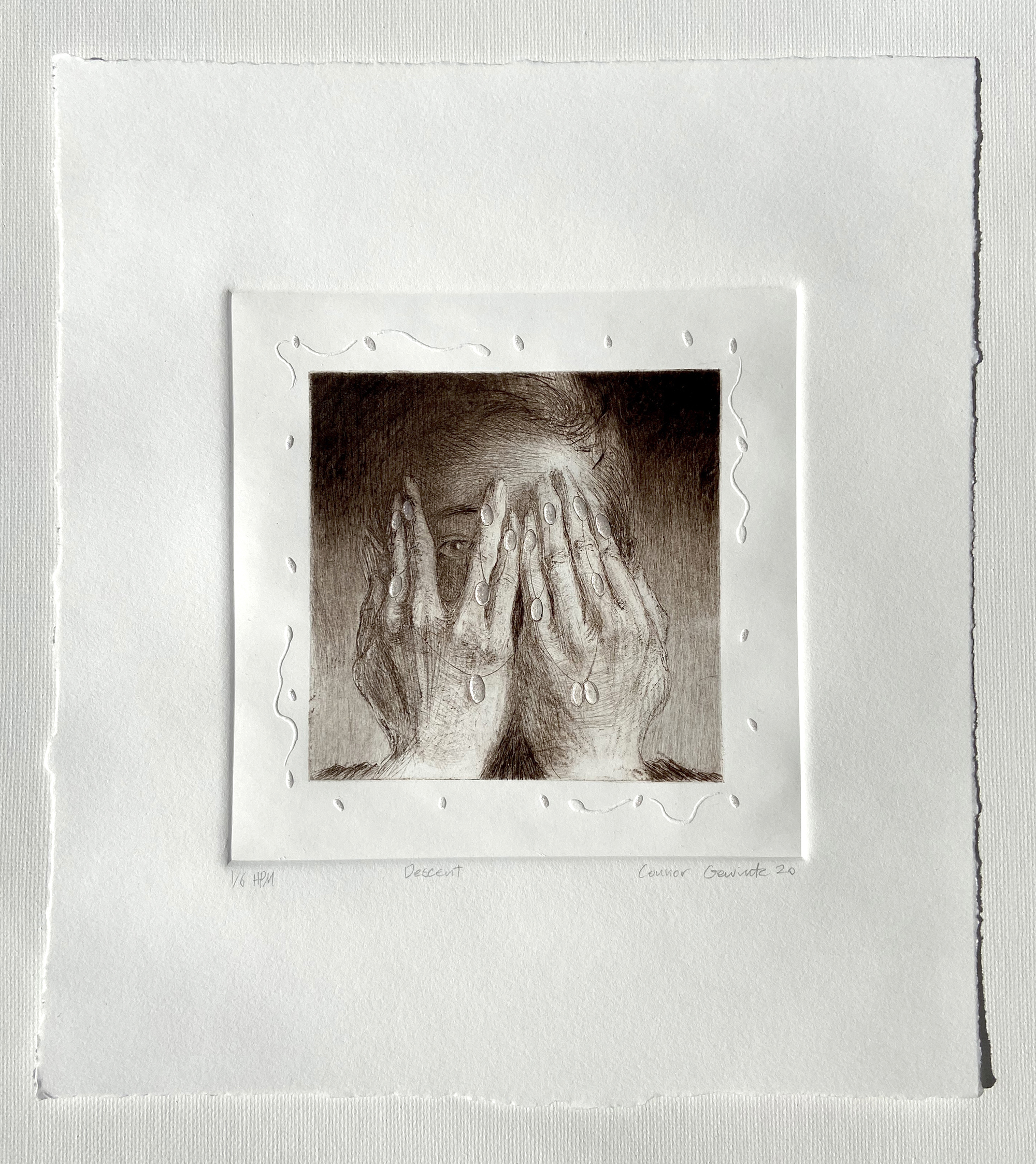 Descent. 2020. Etching and embossment on paper. 8.5x9"