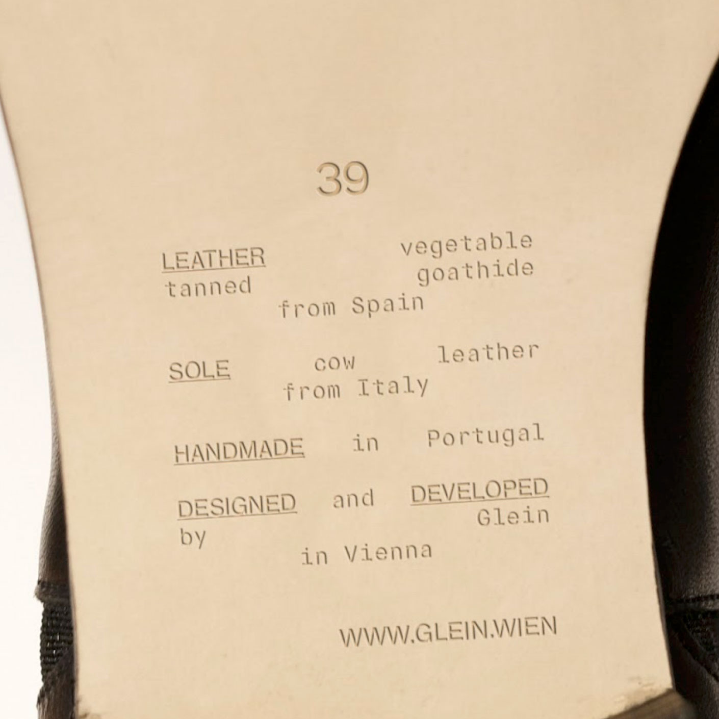 Detail of a vegetable tanned shoe, produced for Glein