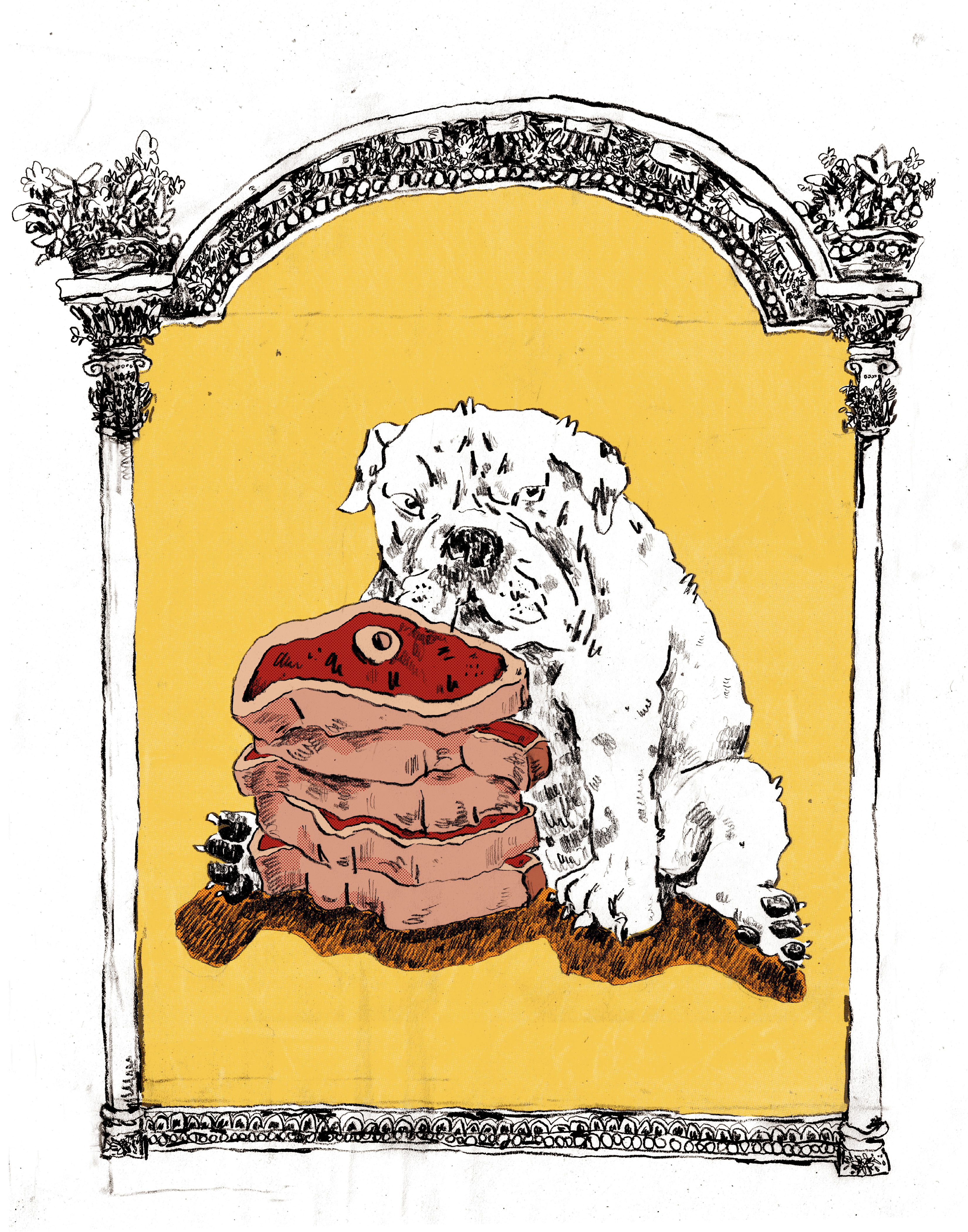 Good Boy: Gluttony, 2022  Graphite with Digital Color on 8.5 X 11 Inch Paper  Gluttony is exhibited with a stack of steaks piled in front of a pot bellied bulldog. The limited red and yellow color palette ropes in color psychology and the persuasive tones it creates regarding hunger.