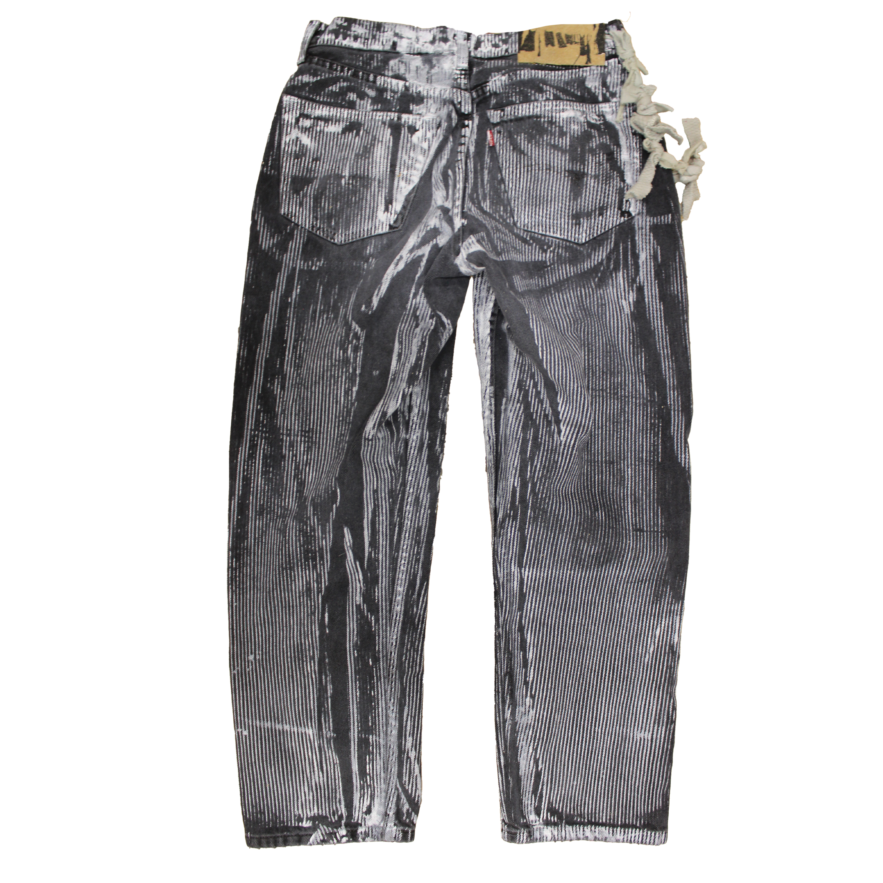 reclaimed vintage surplus denim screen printed with textile ink in snagstripe print. tailored for straight/wide fit. fitted with custom keychain, scrap chain, and leather patches