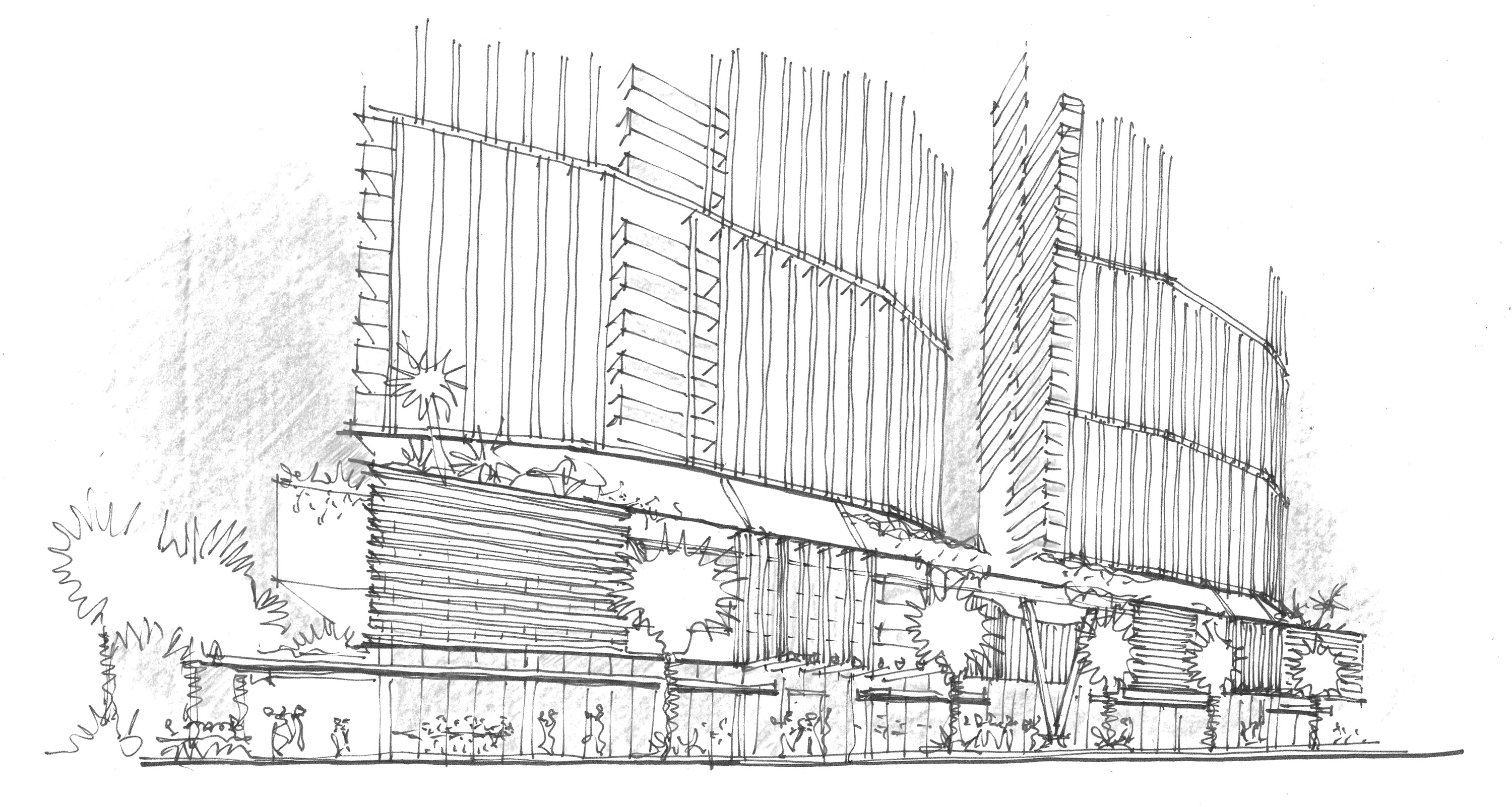 A sketch of a building with a contemporary façade, exuding modernity and elegance.
