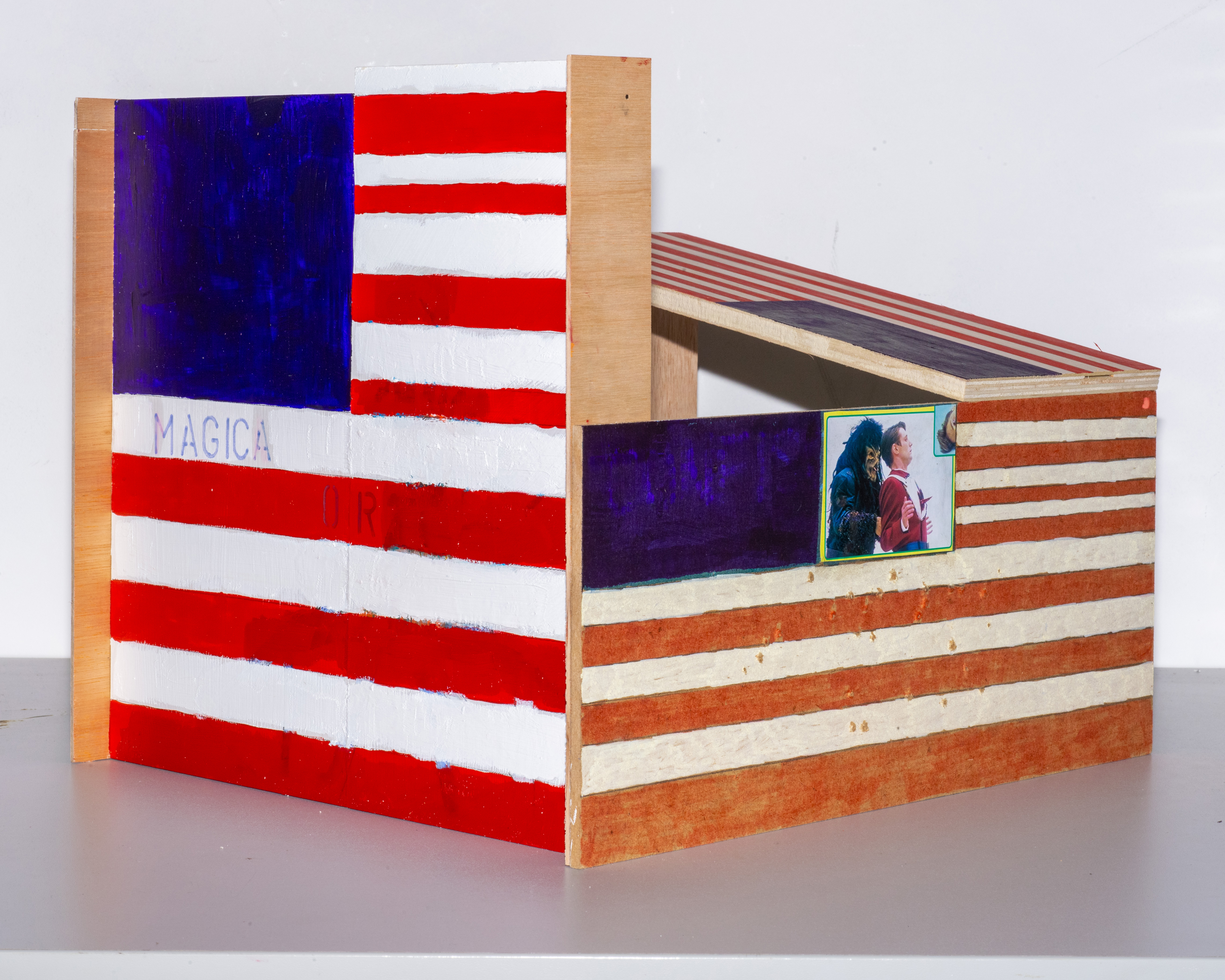 To Draw A Flag Makes Me Sick In My Stomach, 2024, acrylic and photo-cut-outs on ply, 40x35x45cm 