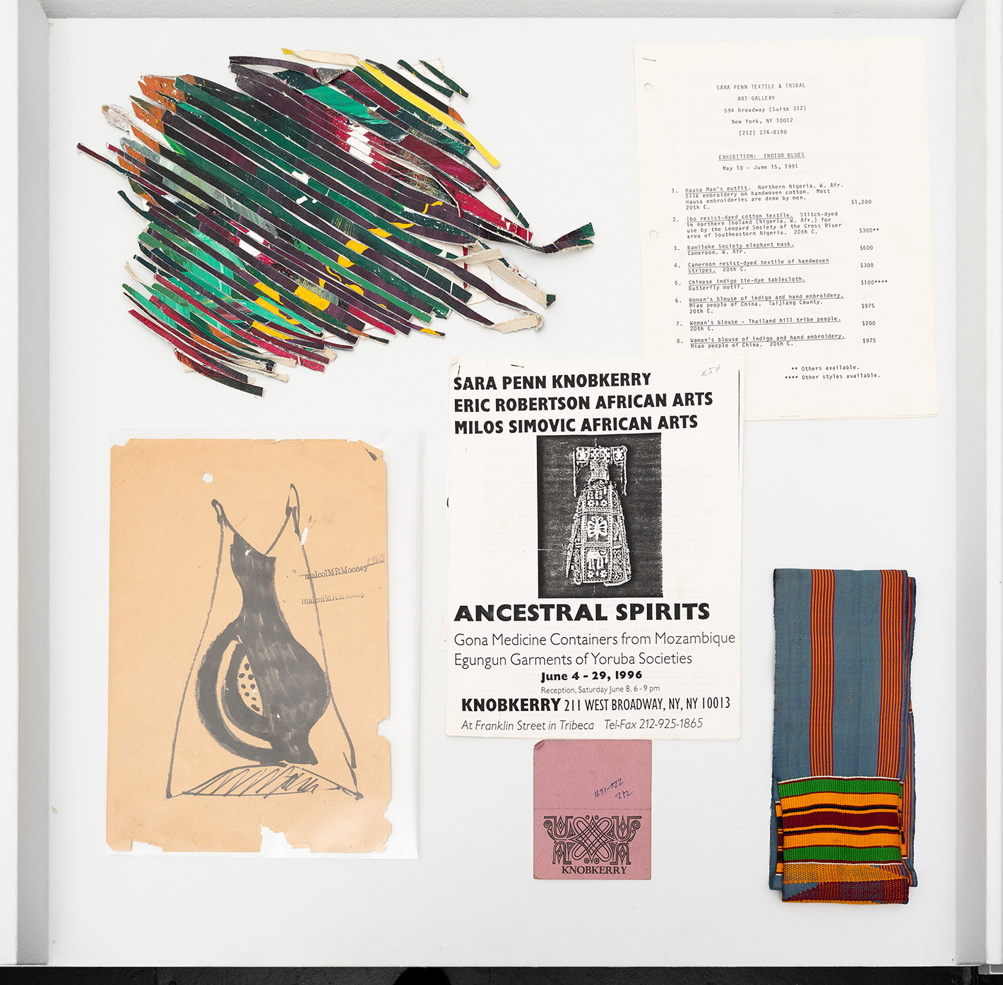 Cut canvas based on “Subway Kente” show at the Hudson River Museum, 1981. Knobkerry ephemera and kente cloth from Sarah Penn. Drawing for dress design, 1965.