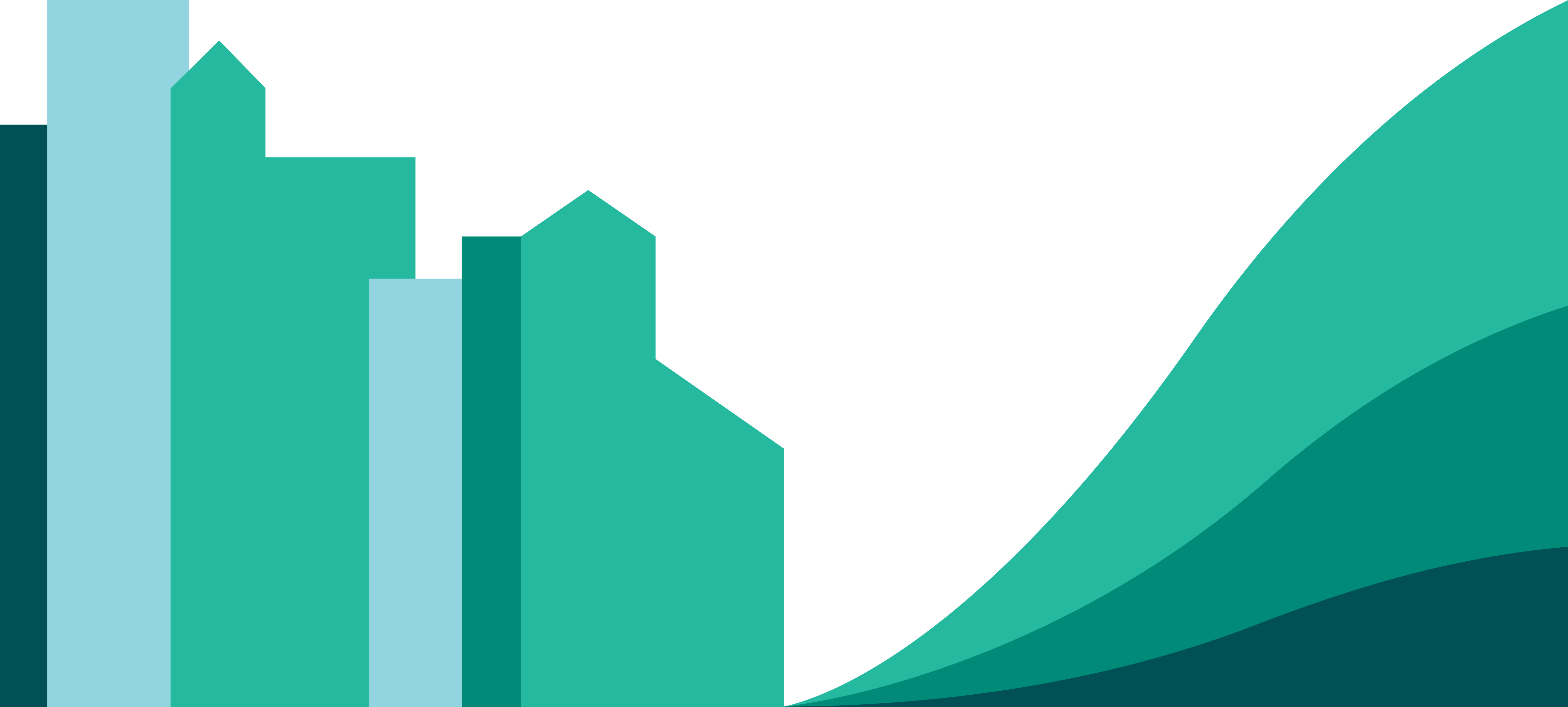 A blue and green color-block illustration of a city on the left and a wave on the right, meeting at the center.