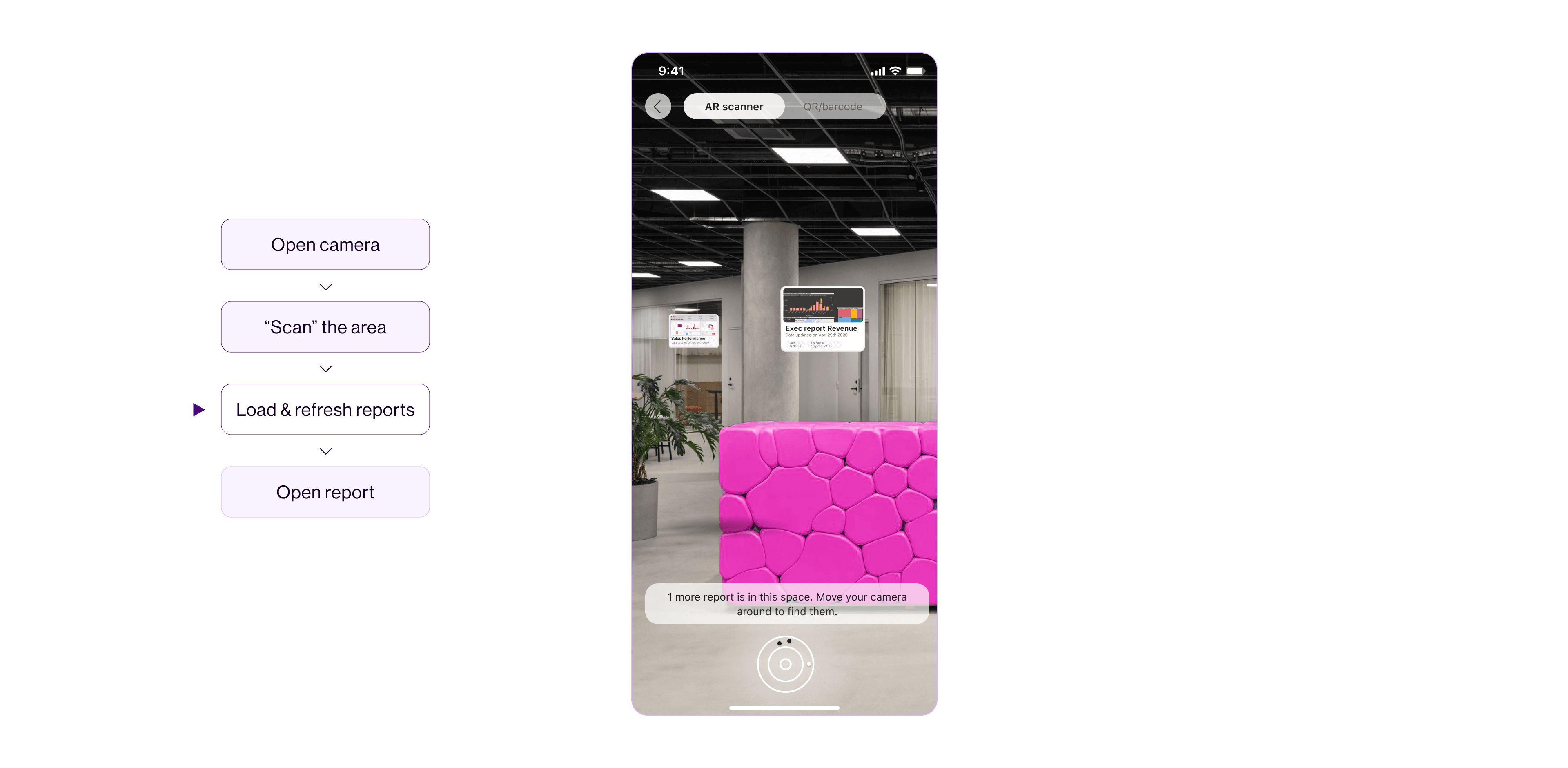 Once the surfaces are recognized, the reports in the area are displayed in the camera view, 02.