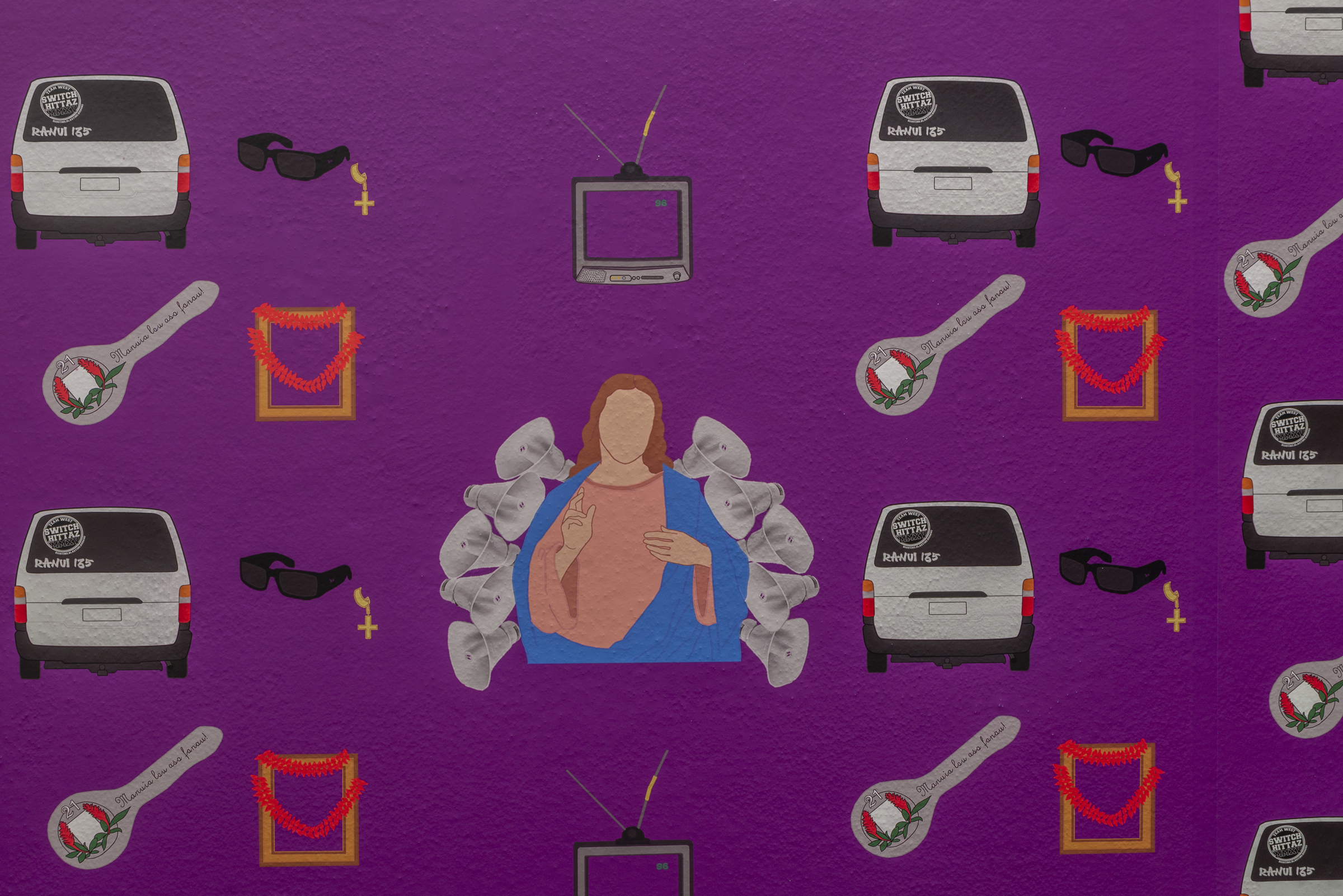 Wallpaper detail by Shiloh Sagapolu (Double Take survey exhibition 11 May - 14 July 2019 Adam Art Gallery, Wellington)