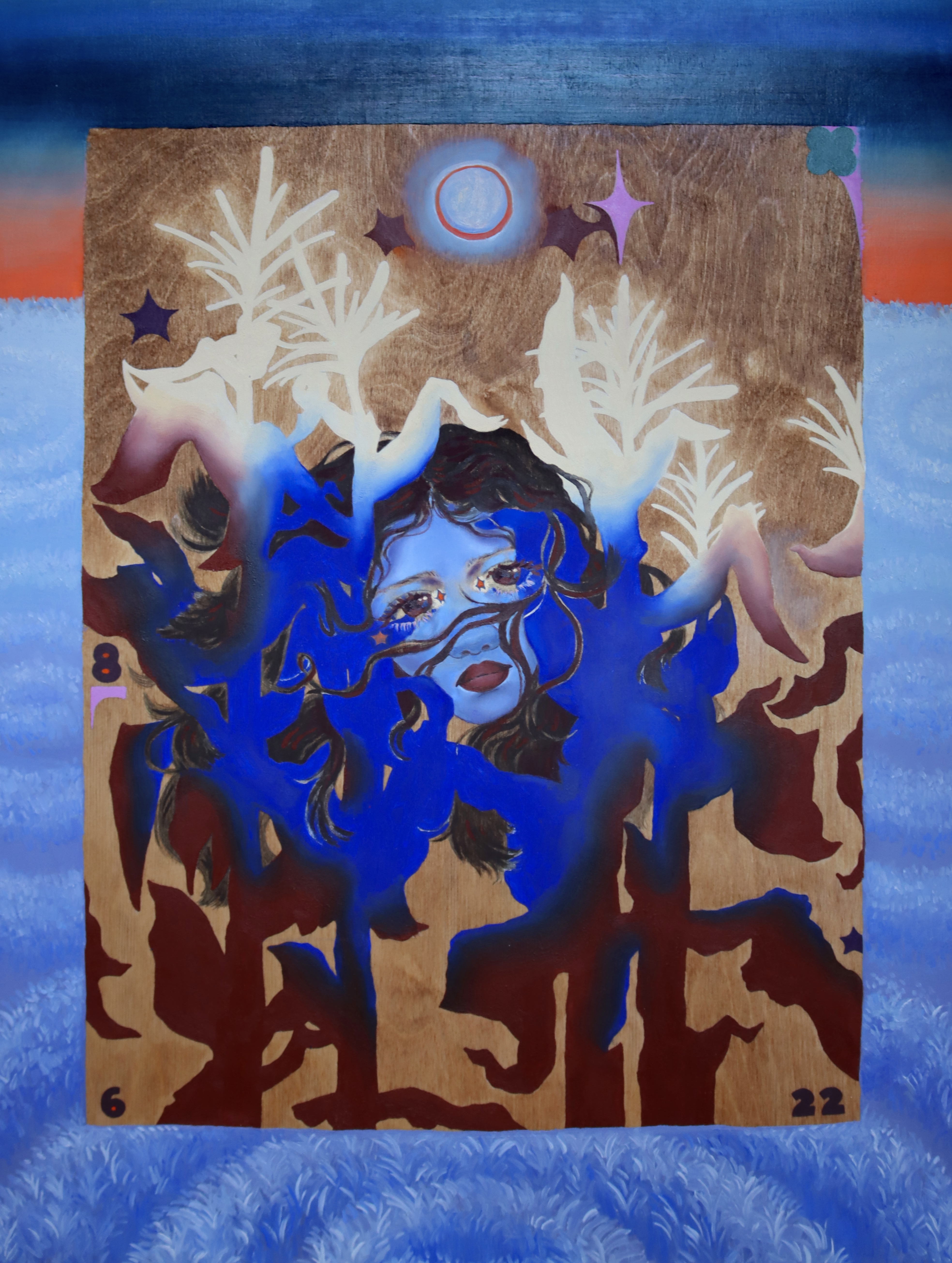 "found in the crop circles: Culprit!" oil and wood stain on wood panel, 18"24" November 2022.