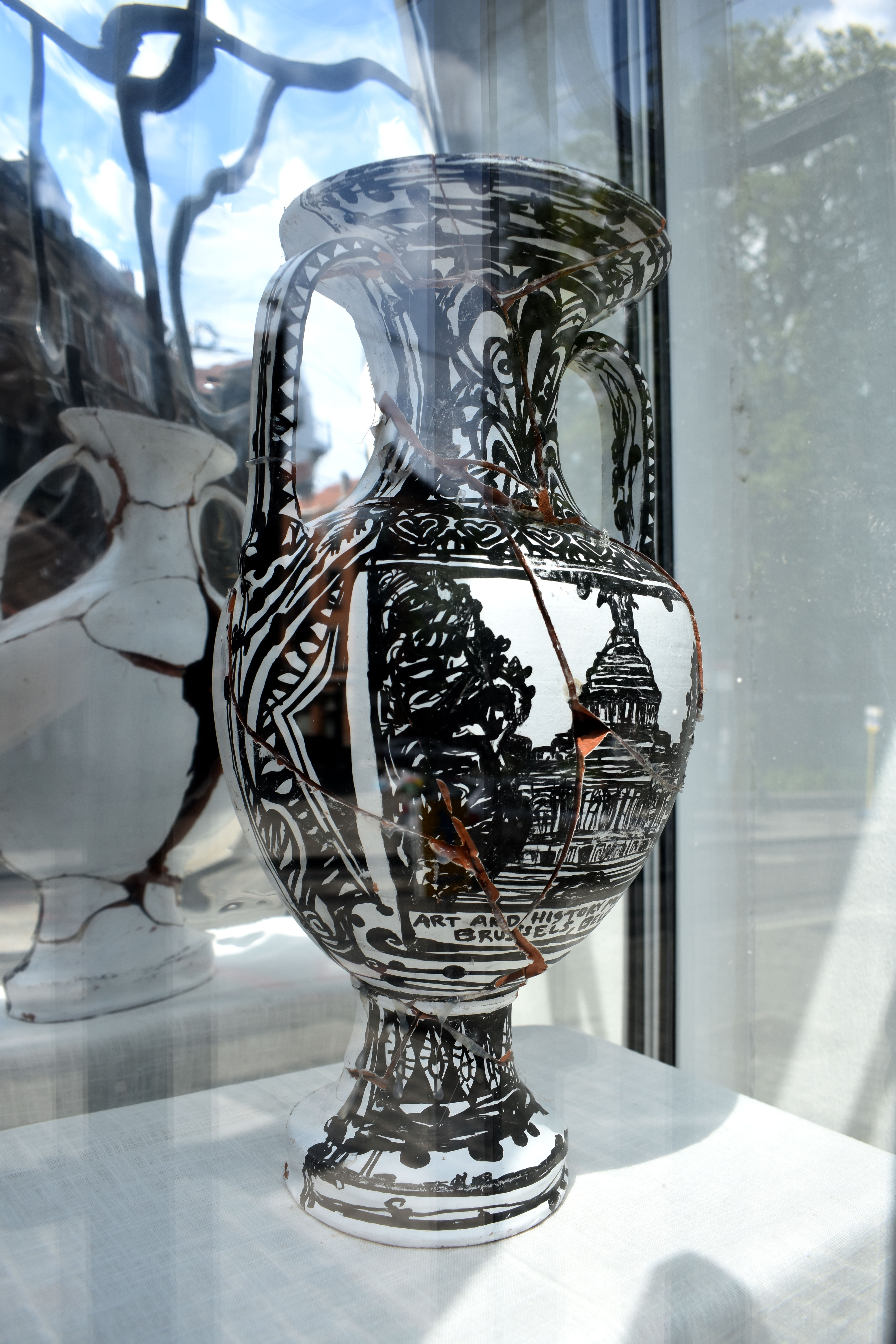 Installation of Reconstructed Amphora for The Art & History Museum in Brussels, Belgium (Los Angeles to London to Venice to Rome to Brussels), acrylic paint, hot melt adhesive, terracotta, 2024