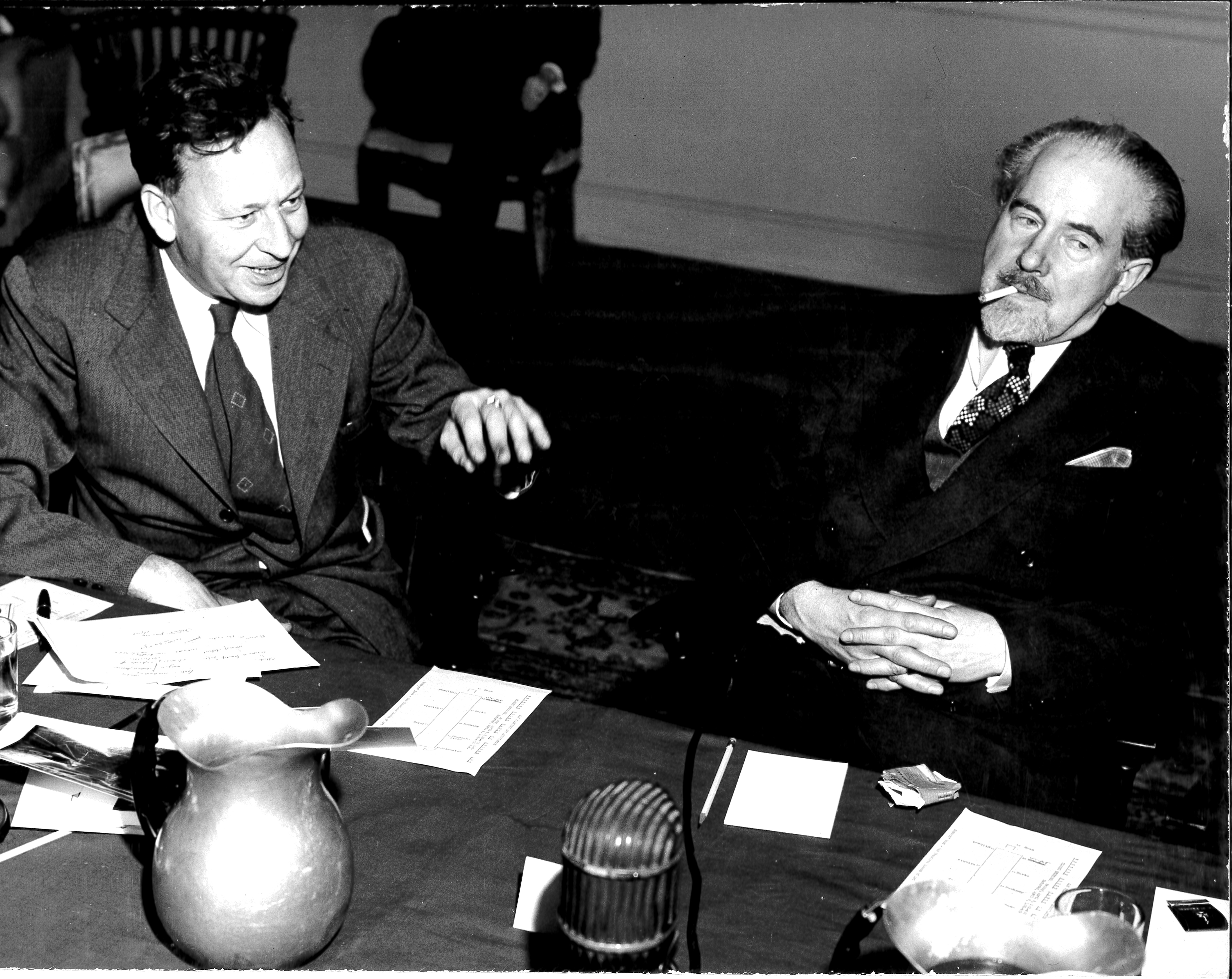 Gregory Bateson (left) and Mark Tobey at the Western Round Table on Modern Art. Photo: William Heick.In 1949, the director of the California School of Fine Arts, Douglas MacAgy, organized the Western Round Table on Modern Art with panelists that included Gregory Bateson, Frank Lloyd Wright, Darius Milhaud, Kenneth Burke, George Boas, Mark Tobey, and Marcel Duchamp. Bateson, a social scientist, linguist, and cyberneticist, was a good supplement to this roster of philosophers, artists, critics, musicians, and architects. While in the Bay Area, Bateson got to know other artists attached to the school such as photographer and filmmaker William Heick. Weldon Kees worked with Bateson at Langley Porter Hospital, and all three of them made films. Bateson taught at the school in 1951, and from 1959 through 1963.