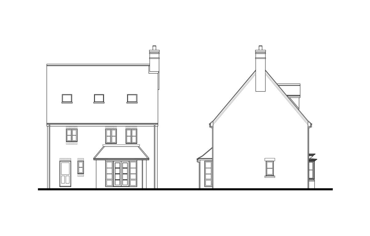 house two, rear and left elevations