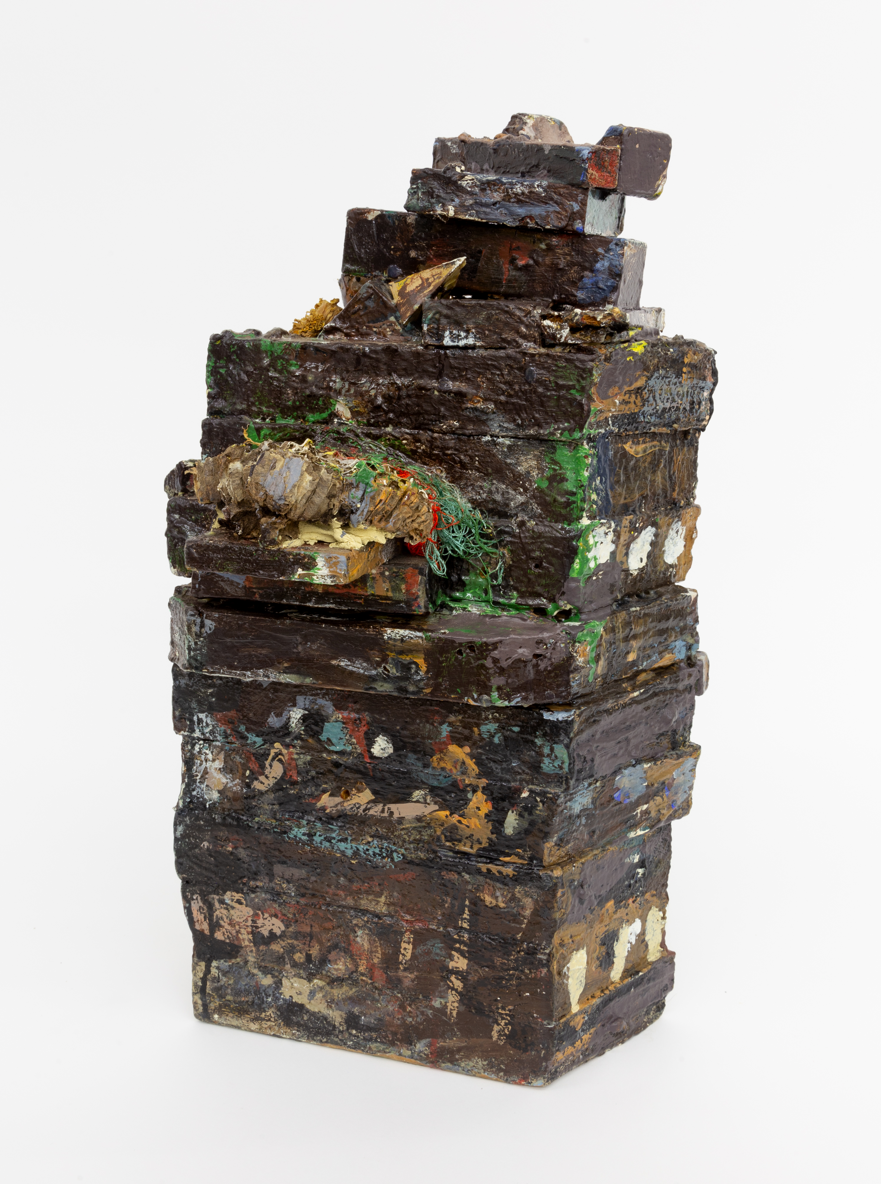 Cay Bahnmiller, Untitled Construction, 1990-2003, oil, latex, dried flowers, beehive, toy jar, wood, 18 x 10 x 10 inches