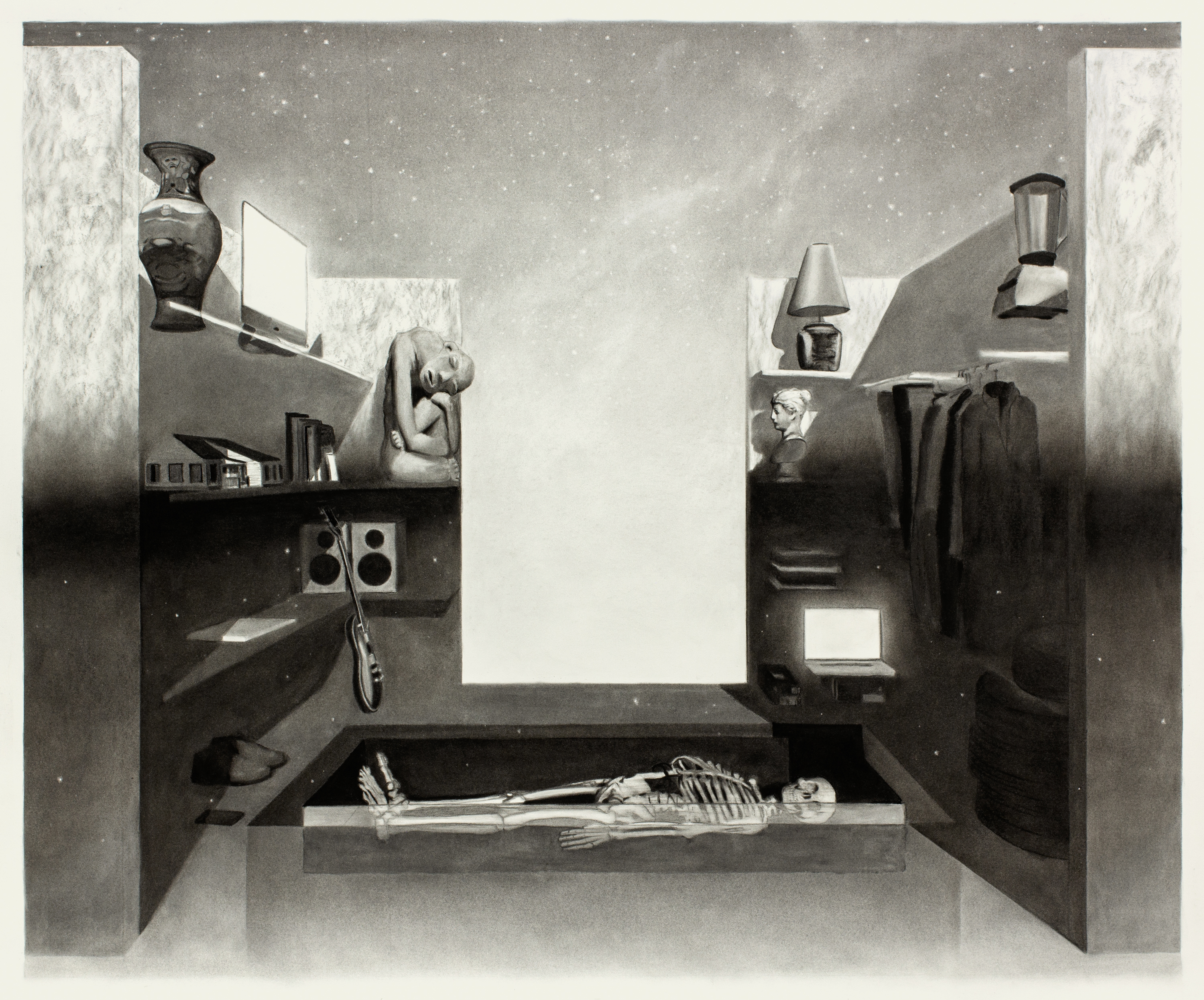 Inventory (Small things, big things). 2022-23. Charcoal on paper / fusain sur papier. 40.5" x 48.5" (103 x 123cm)