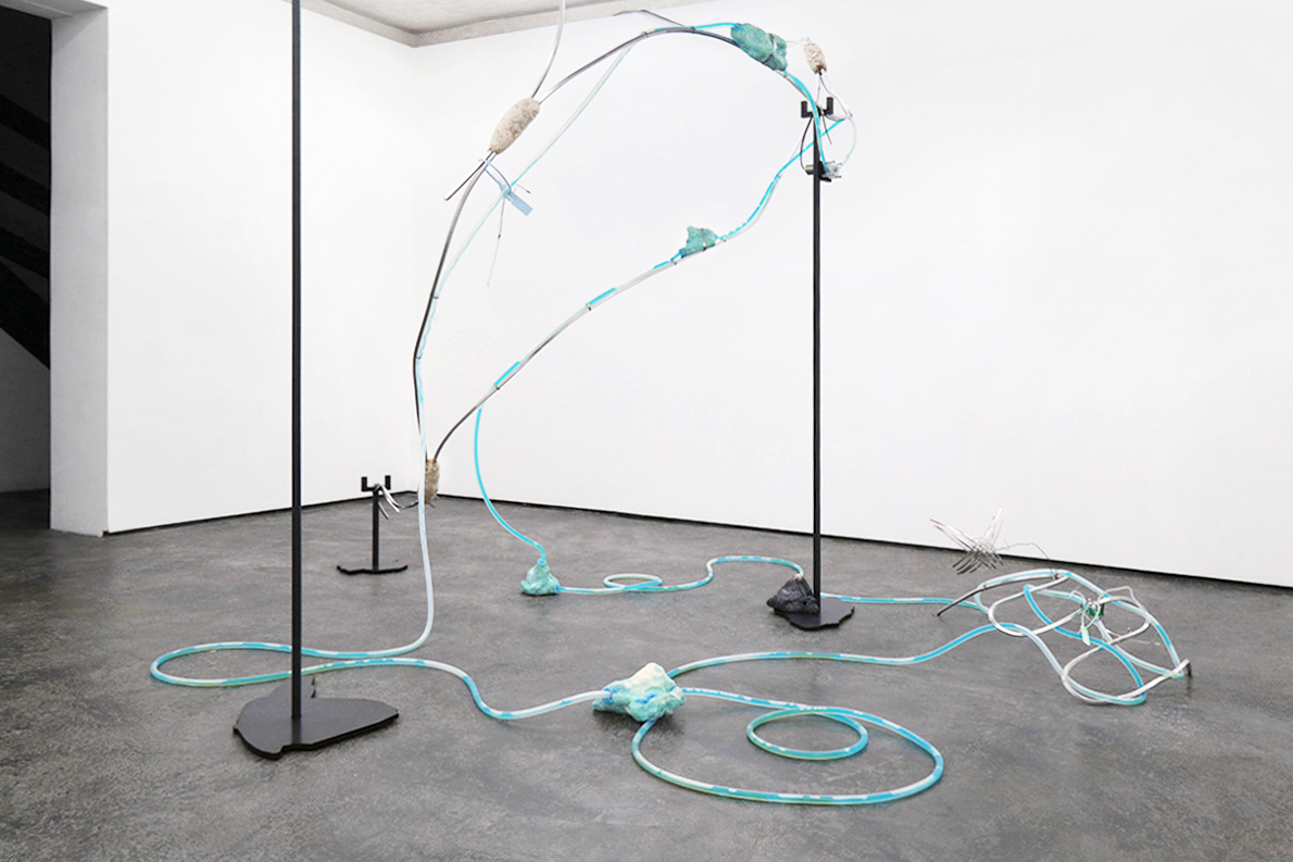 Chemical Vocabularies, 2021, [various dimensions], Protean Fluid, Gossamer Fog Gallery, London  Mycelium, copper sulphate, bisque fired ceramic growing crystals, peristaltic pump, aluminium  armature wire, steel, silicone tube, various cable ties and electrical wire 
