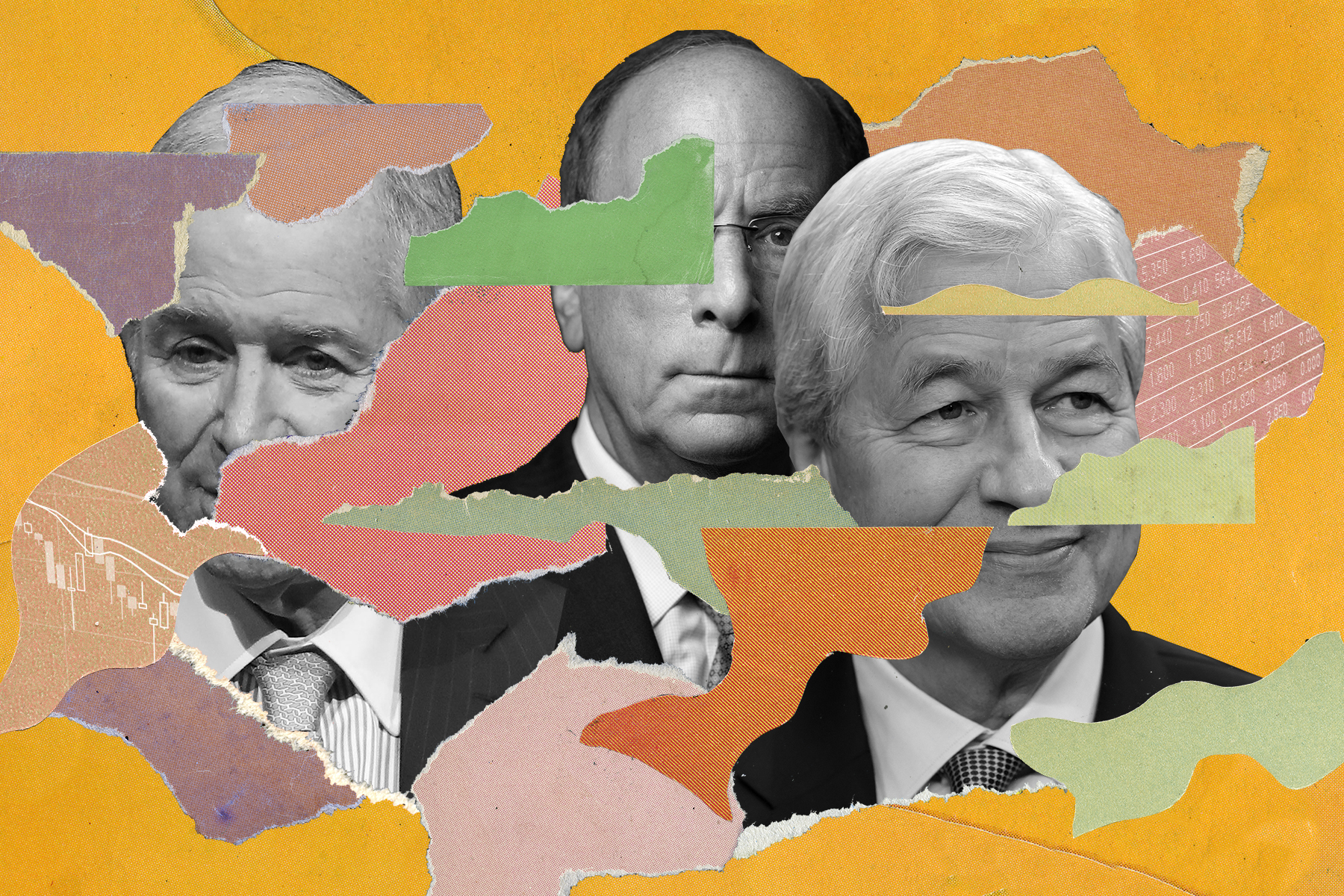 "What CEO Succession Could Mean for Blackstone, BlackRock, and JPMorgan" llustration by Anthony Gerace