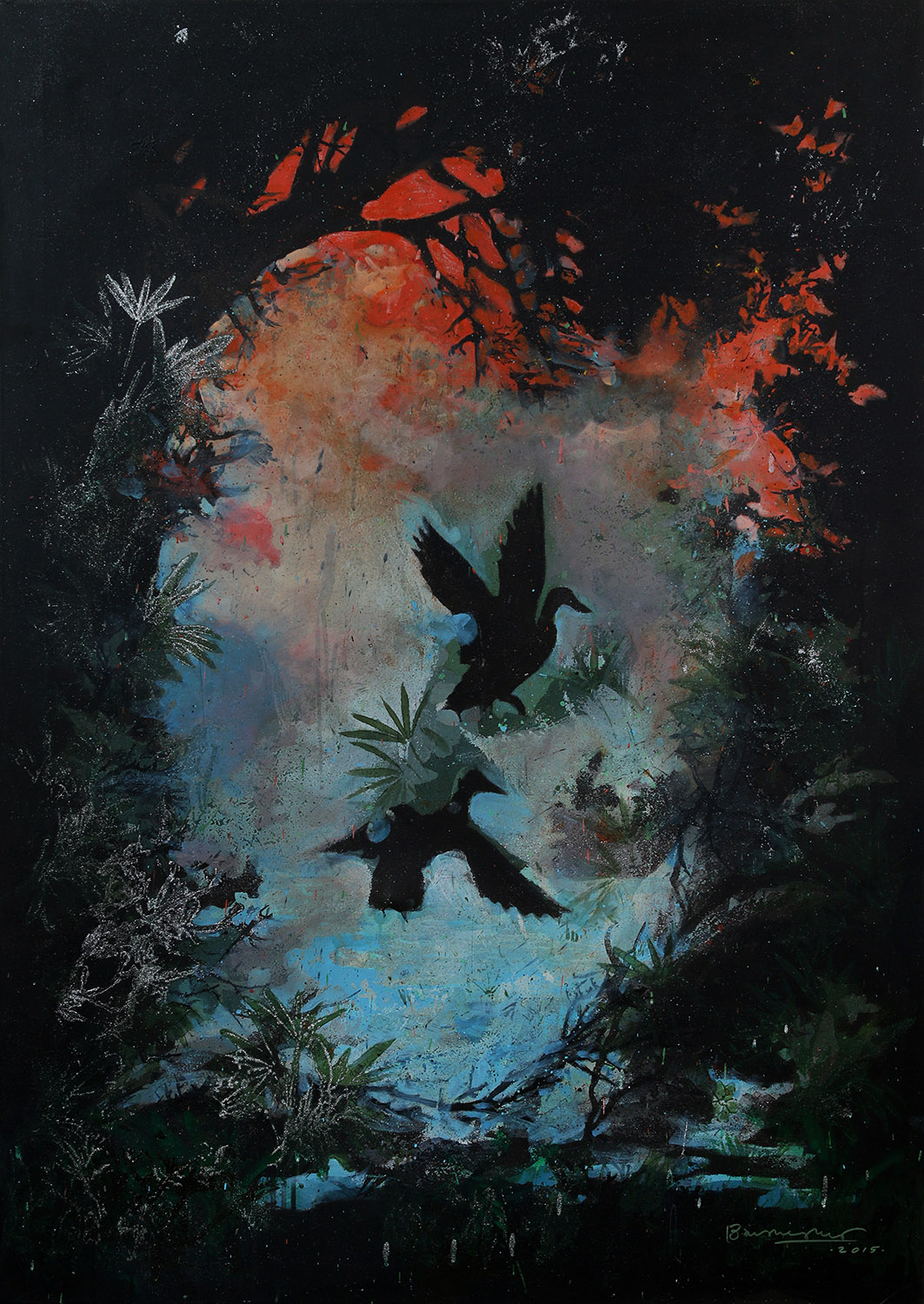 Nevermore, 2015, Original acrylic with embellishments on canvas with printed background, 58 x 40 5/8 in. 
