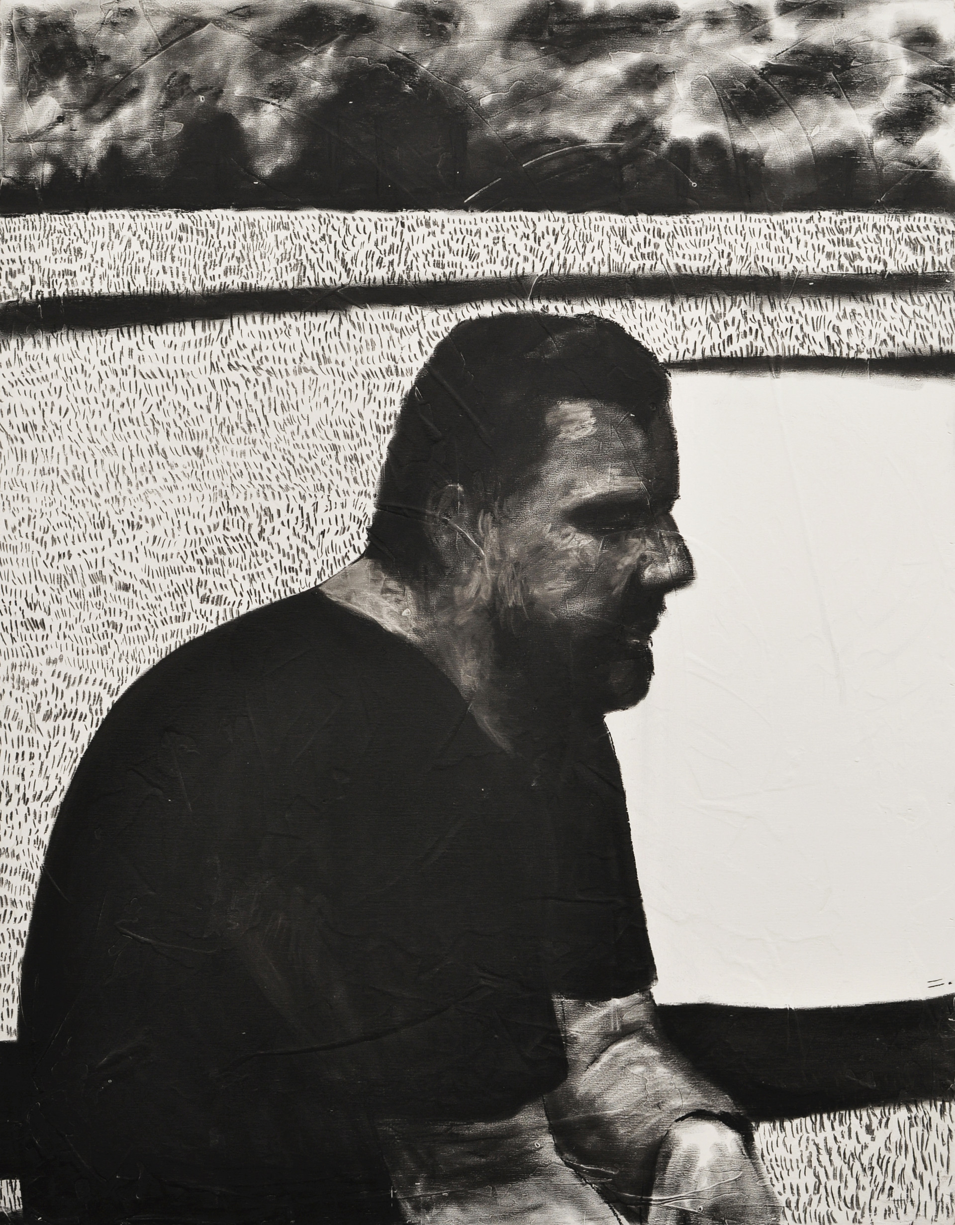 Green park man, 2017, charcoal, industrial paint on abandoned wood panel, 116.8*91(cm)