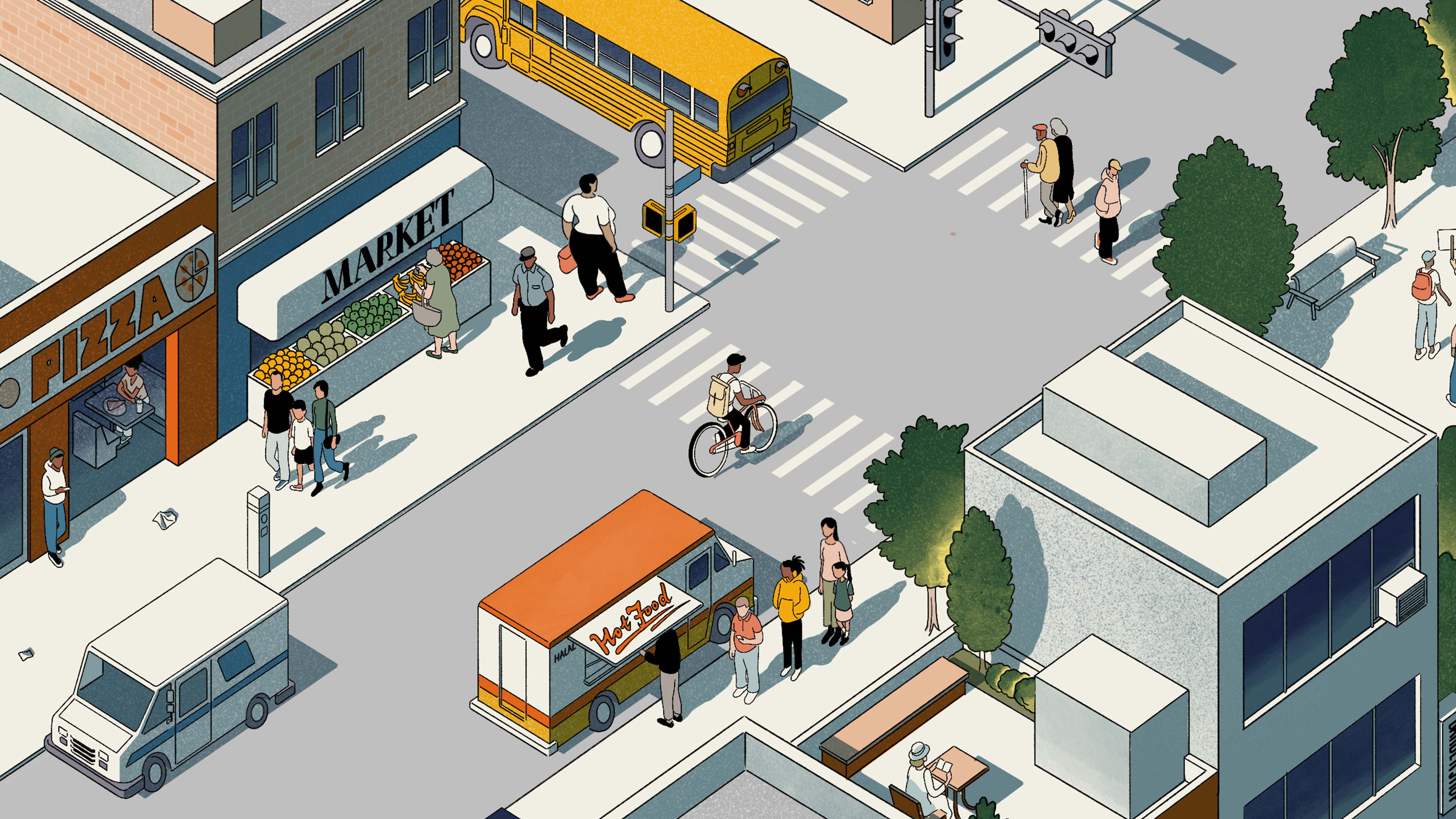 Closeup of the illustration of a person a bike riding through an intersection with people queueing for food, shopping at a market, and walking in the neighborhood.