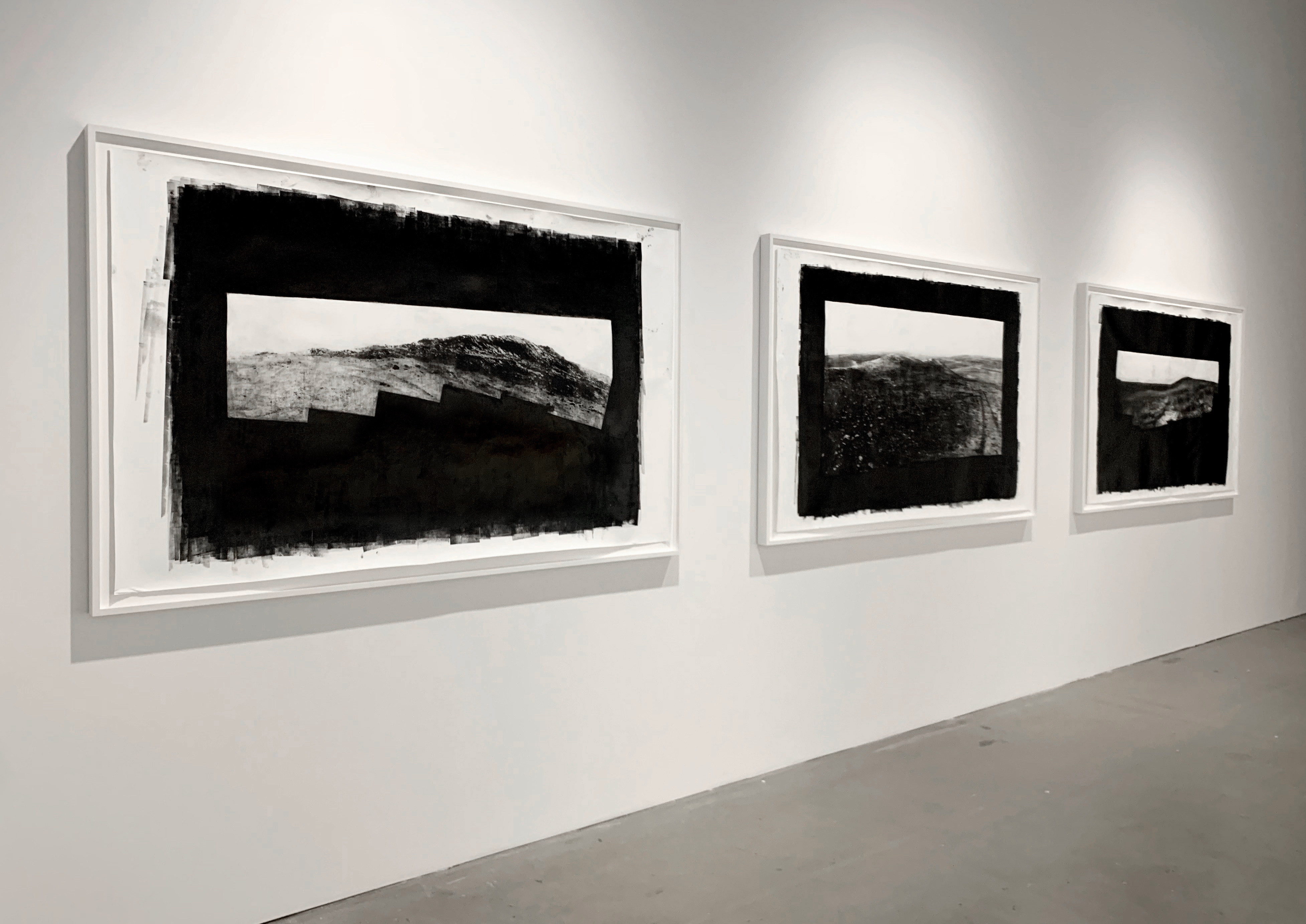 Installation,"Cosmological Arrows" curated by Caroline Elgh, 2019. Bonniers Konsthall, Stockholm Sweden. Hinners Point, Tracks 2, Marathon Valley, 2019. Unique bromoil photographs.