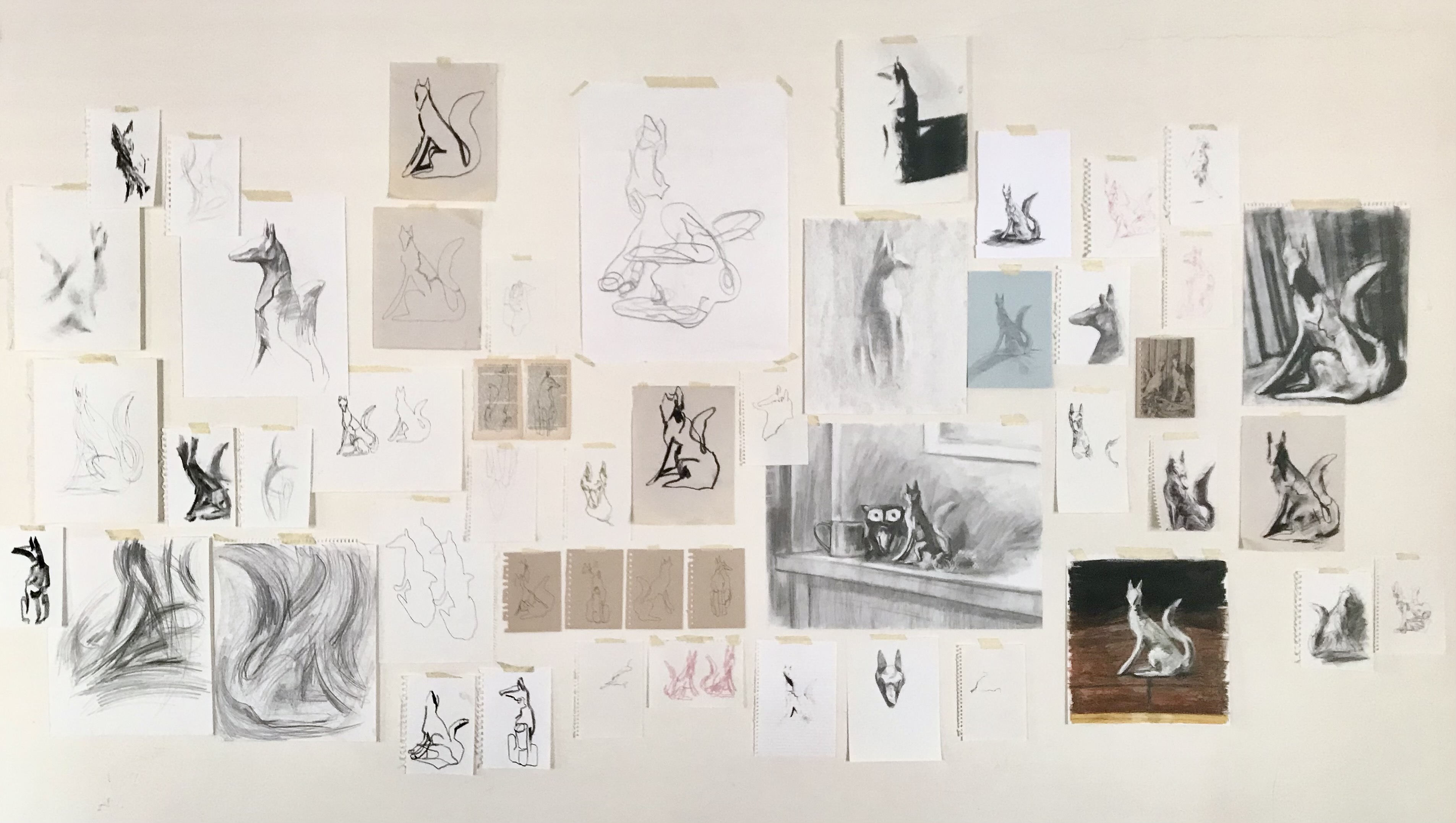 100 Foxes, 2020. Mixed media on paper, dimensions variable.