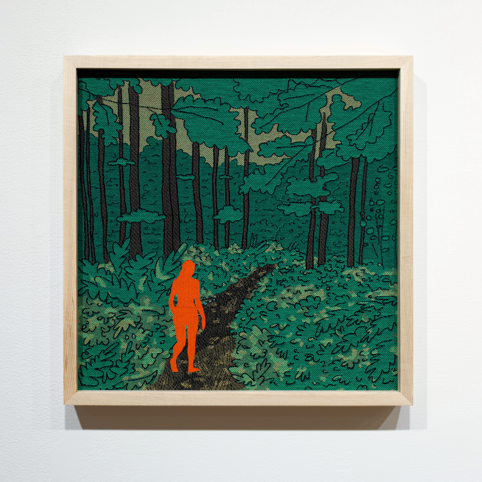  Meeting Site: Wooded Path, 2023, 20" x 20", Jacquard woven cotton and rayon with cotton embroidery
