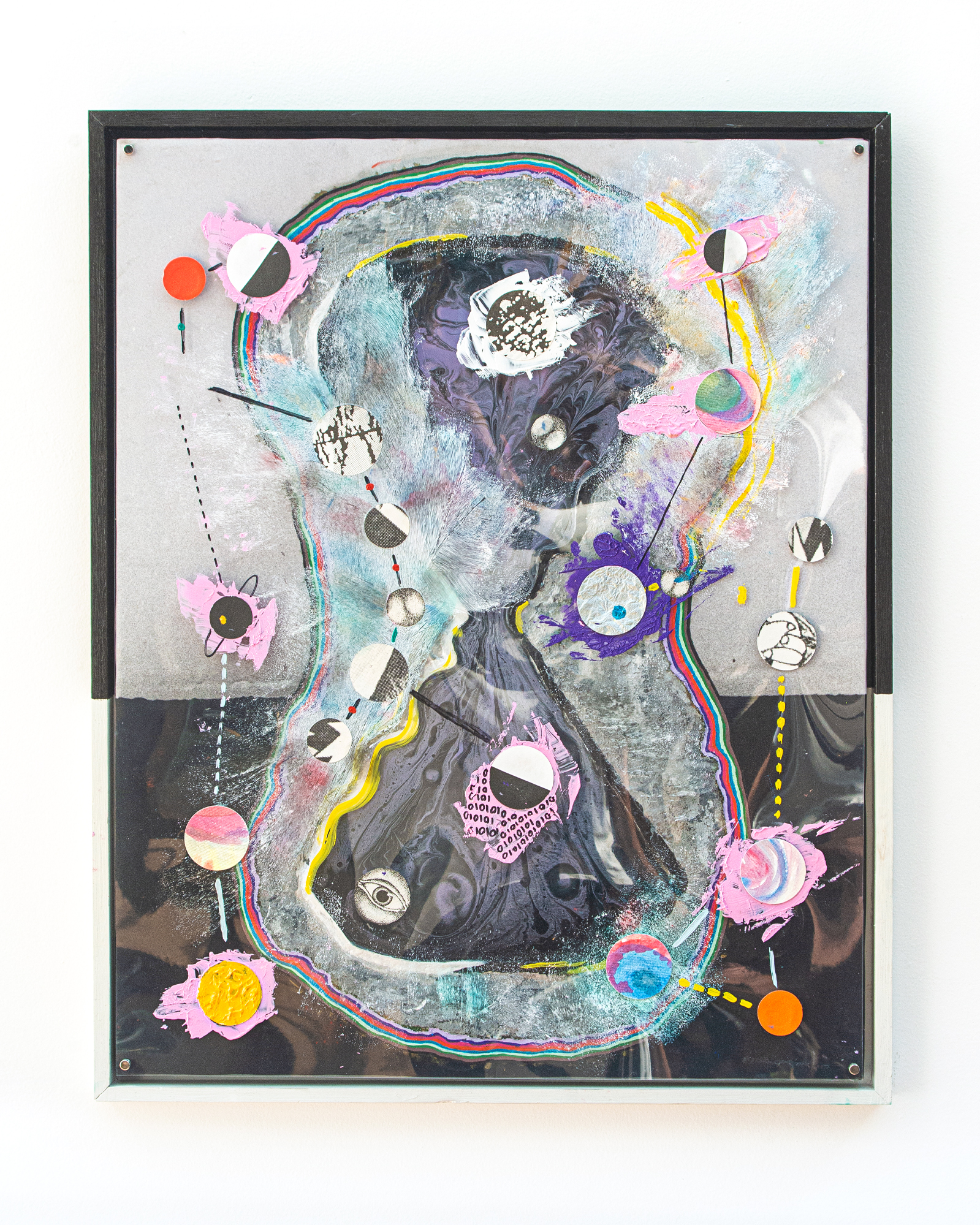 Untitled #1, 55x44cm, 2026 - acrylic paint, fabric printing (sublimation), acetate, graphite, magnet, acetate marker, paper, resin, collage, watercolor, and pigmentation