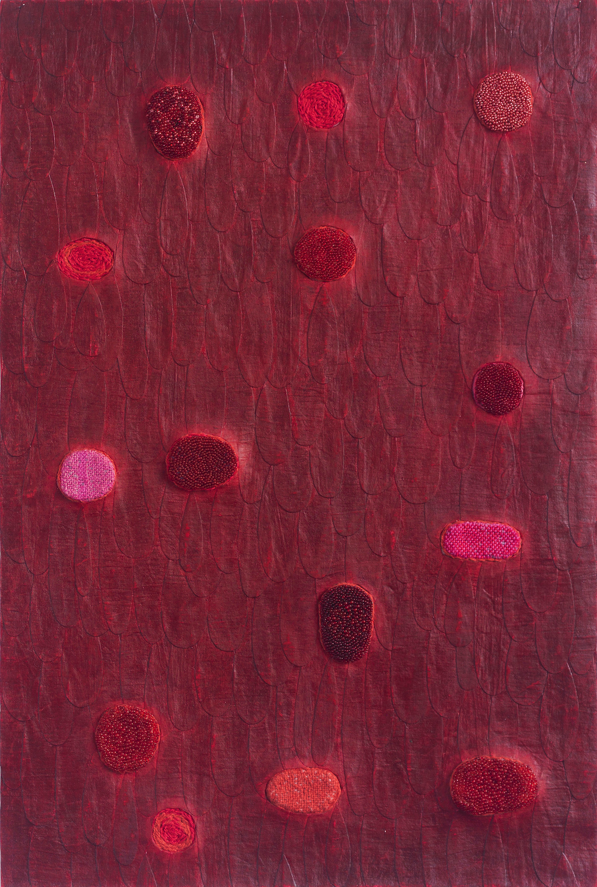 Glorious Wounds 2022 – Oil, embroidered threads and glass on cloth and canvas . 62 x 42 cm