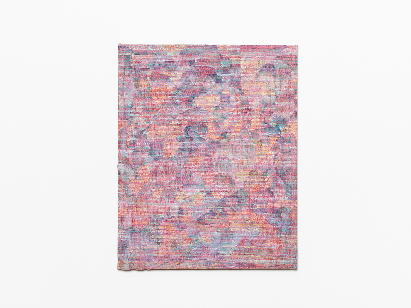 Sam Martin, Re-enactment, 2022-23, Oil, cotton thread, synthetic polymer, gauze, mesh, linen, and canvas on wooden board, 81.5 x 65.5 cm