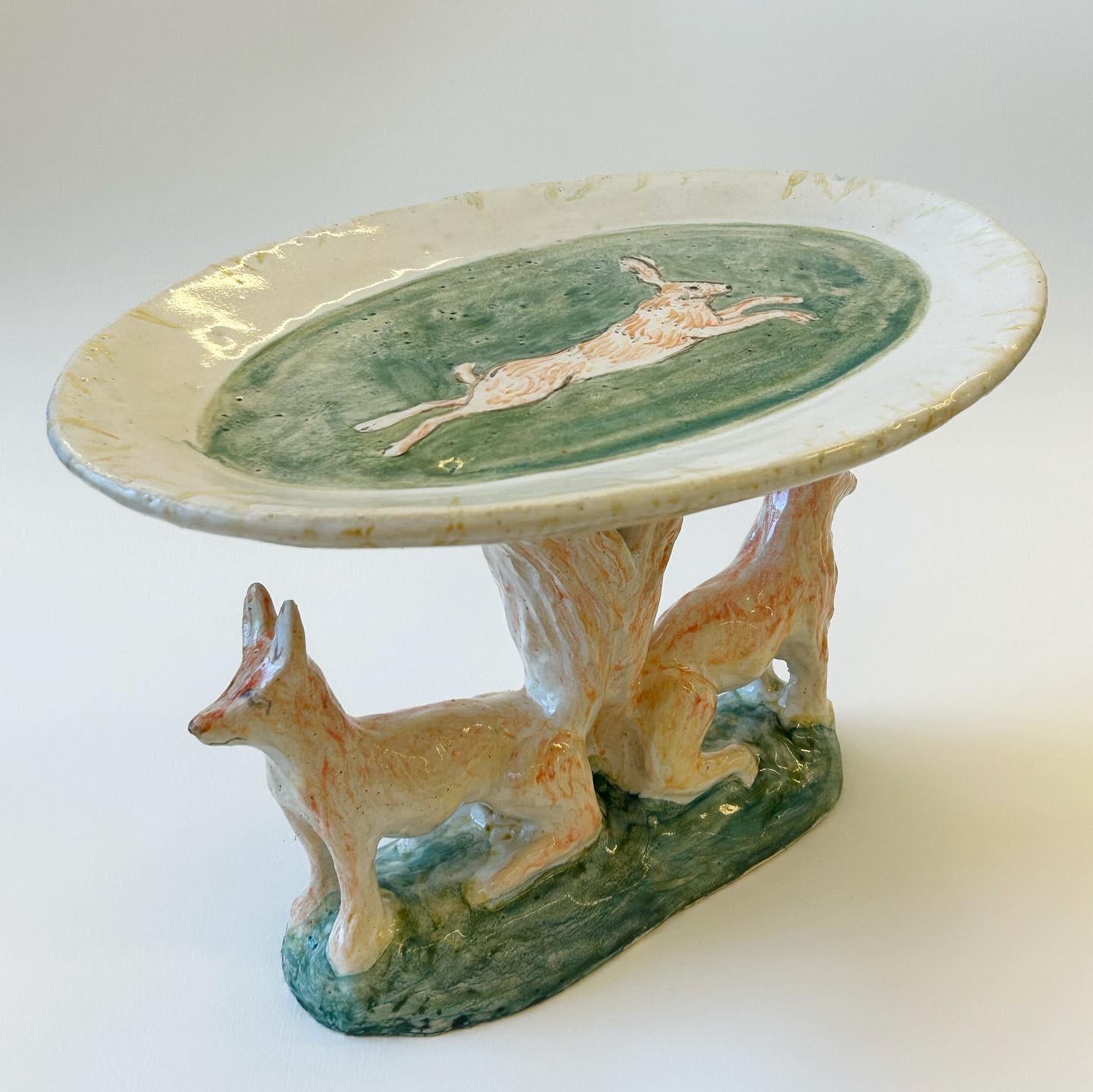 plate with foxes, glazed stoneware
