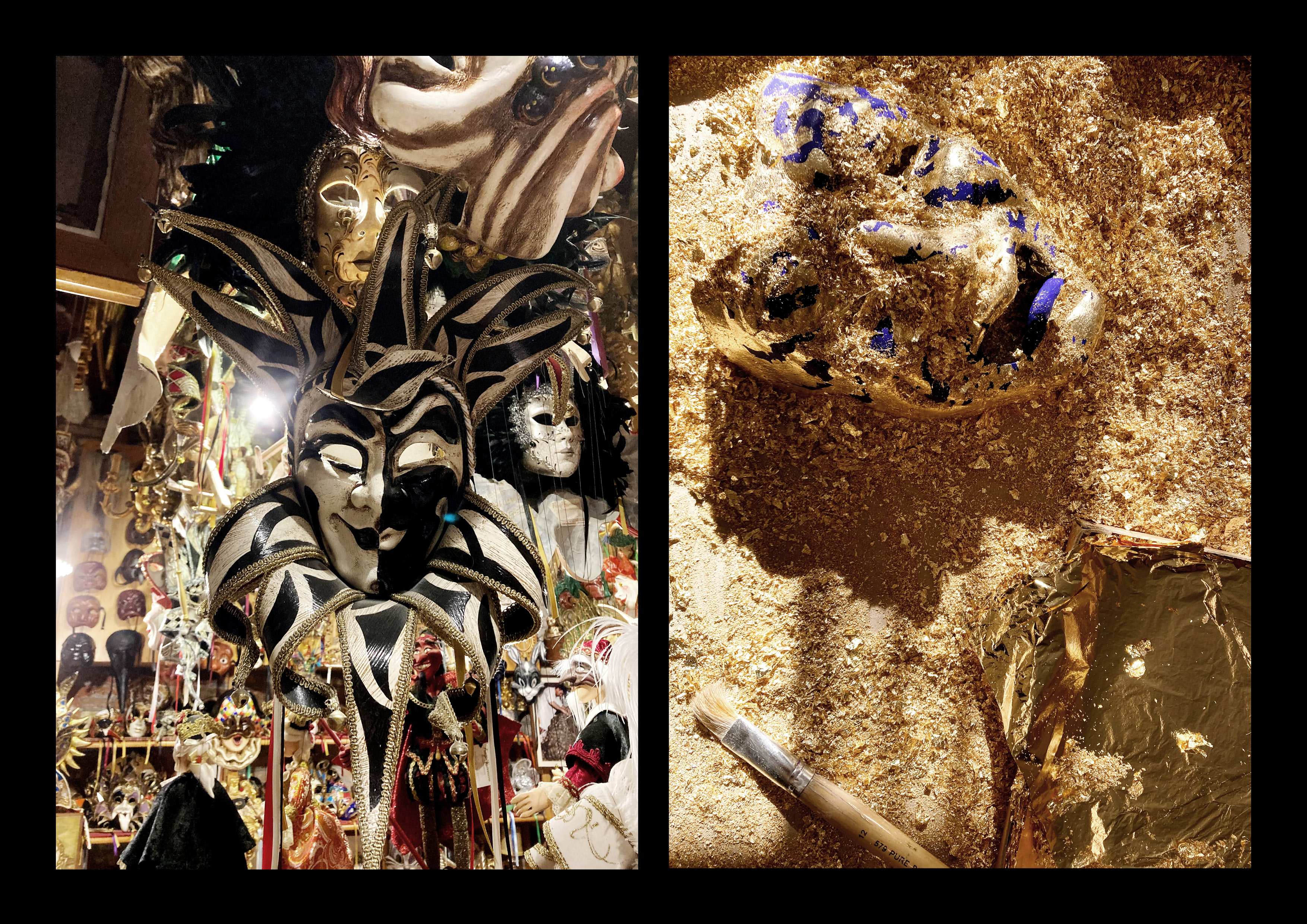 Left: Joker by Gualtiero Dall'Osto, Tragicomica. Right: Process of gilding a mask with gold leaf. ©cutterfly, Venice 2025
