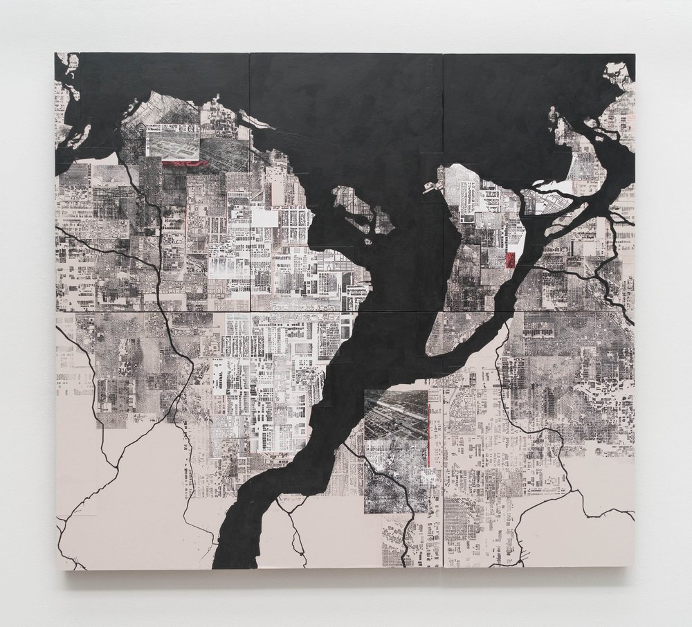 Roland Knowlden. Master Master Plan, 2022. Acrylic, Ink Transfer, and Paper Mounted on (6) 24" x 18". Wood Panels 48" x 54".