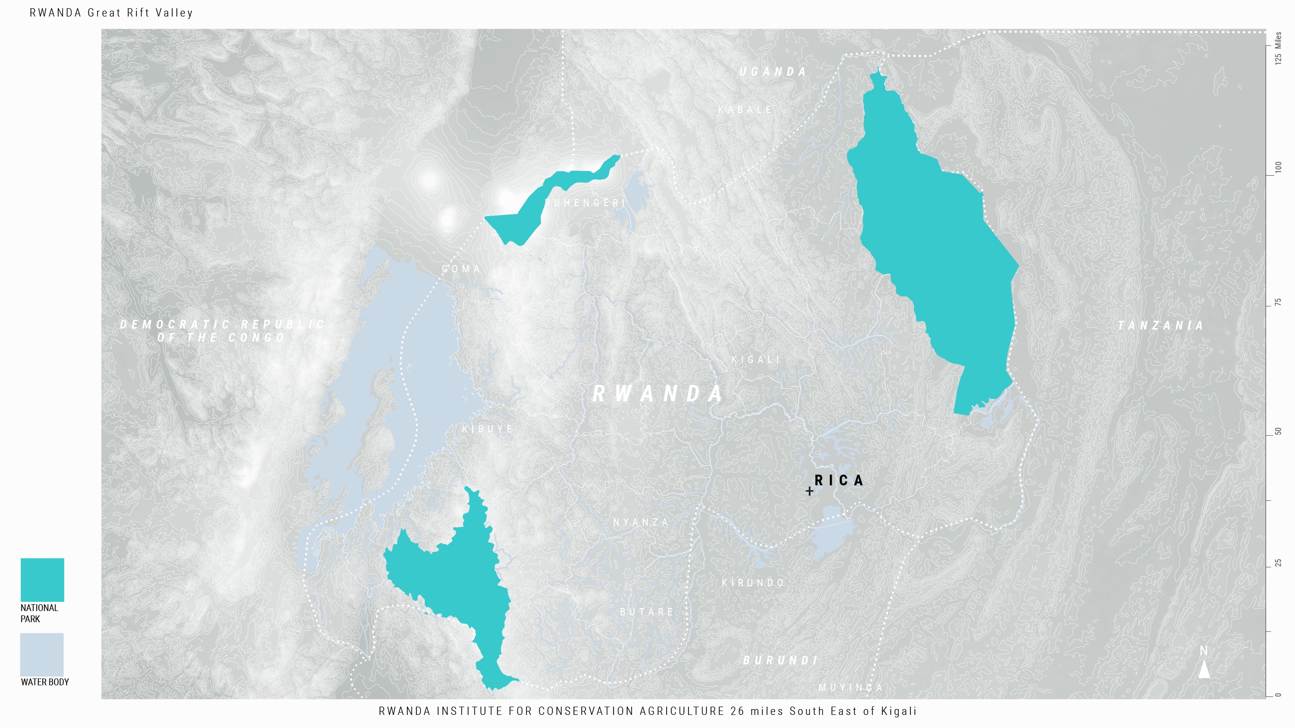 Figure 0. The nation of Rwanda is landlocked in the Great Rift Valley at high elevation. The country is bordered by Uganda, the Democratic Republic of the Congo, Burundi and Tanzania. These borders include protected national park lands.