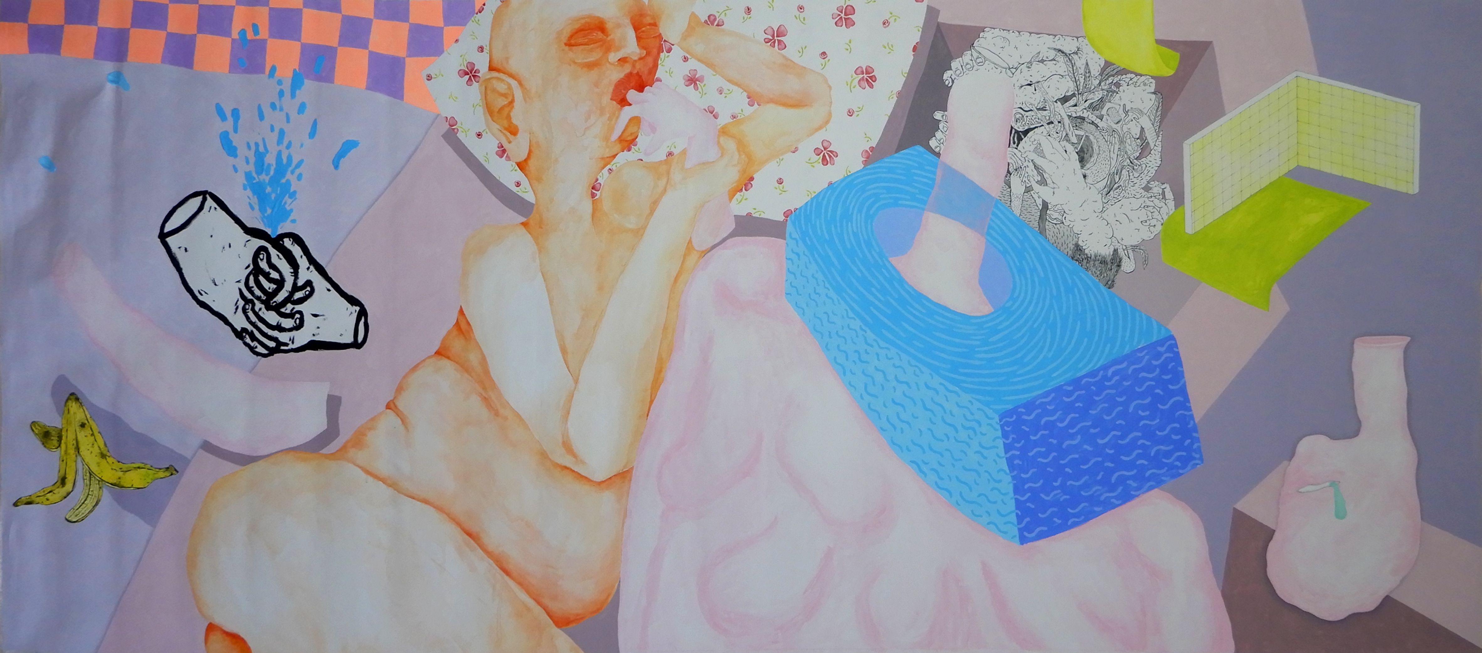 the floor is lava, 2019, mixed media on canvas, 90 x 210 cm