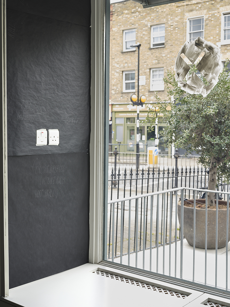 Installation View After Mallarmé; detail of Joëlle Tuerlinckx Atlas Room LARGE GLASS Front room (+ vitrine) (Original materiel Page for ‘ATLAS of WALLS LARGE GLASS SPACE VOLUME #1’) and Clay Here (#3) ou  Manuel Cross-stain ou la constellation du peut-être [the constellation of maybe] (élément #4c) 2024 Photo: Stephen White and Co