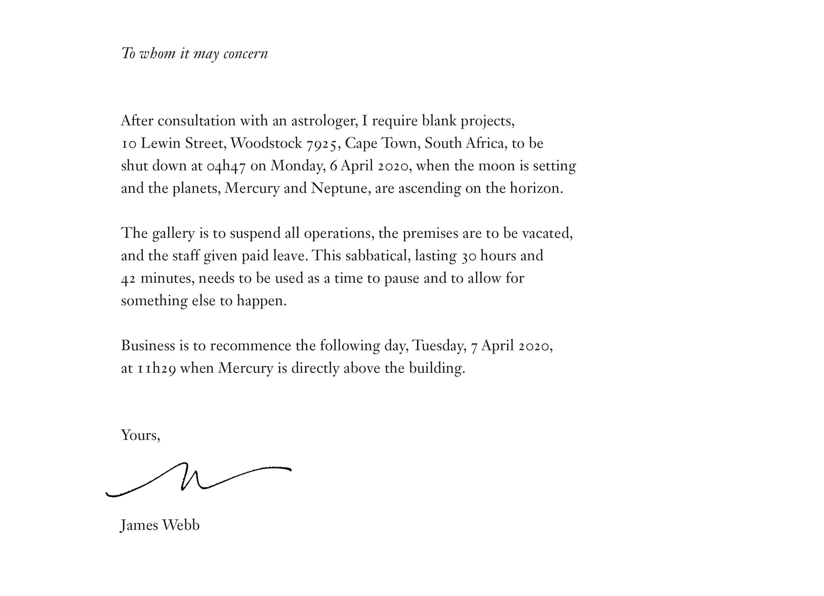 James Webb, The Skipping Needle (2020) | Astrological prediction, certificate, site-specific star charts, installation dimensions variable, duration 30:42:00