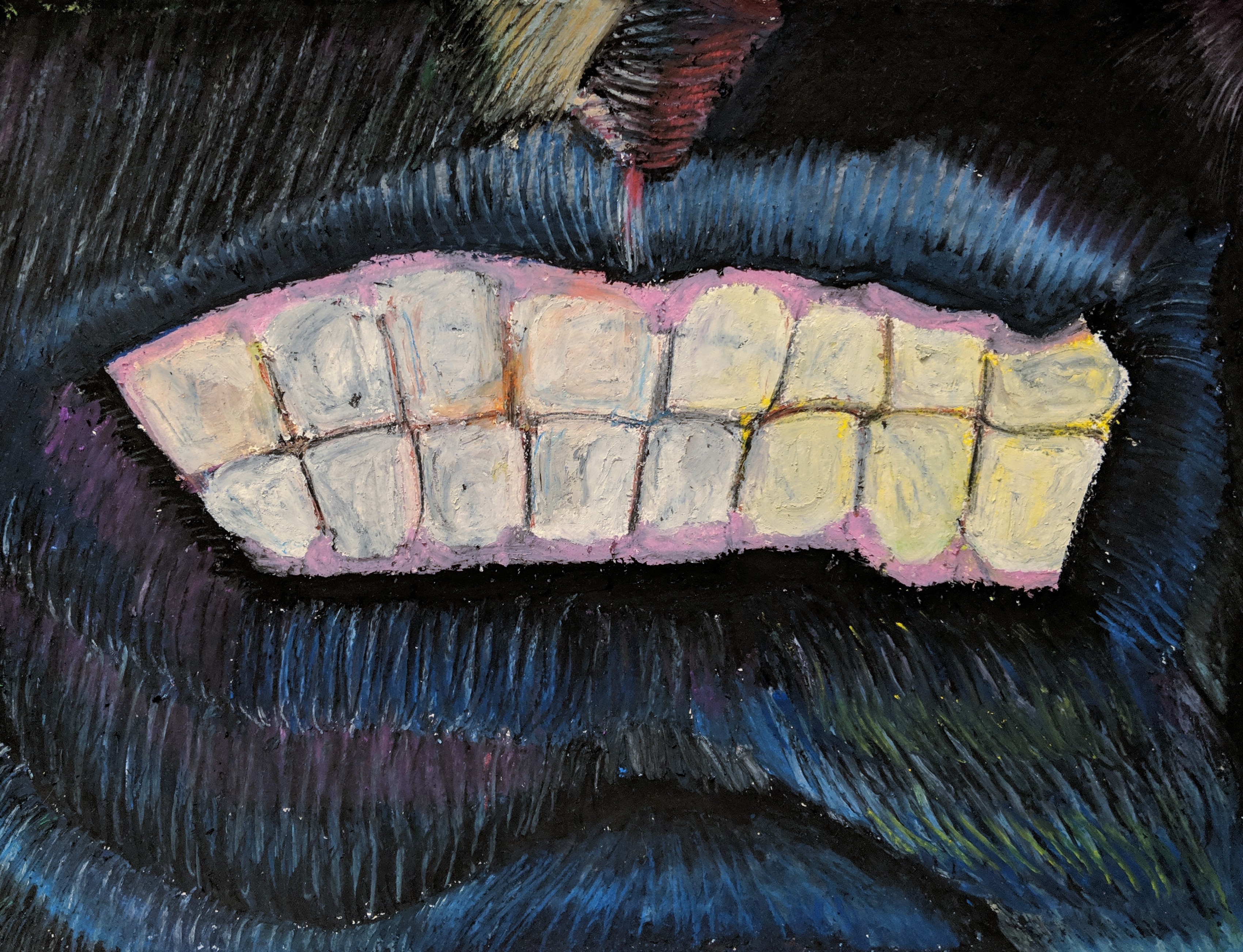 Grin, oil pastel on paper, 2019.
