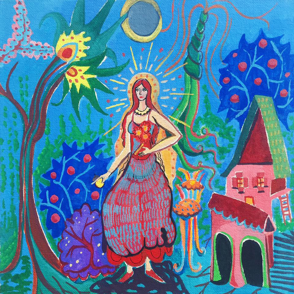 Creating Her Own World, 8 x 8 inches, Gouache, 2019.