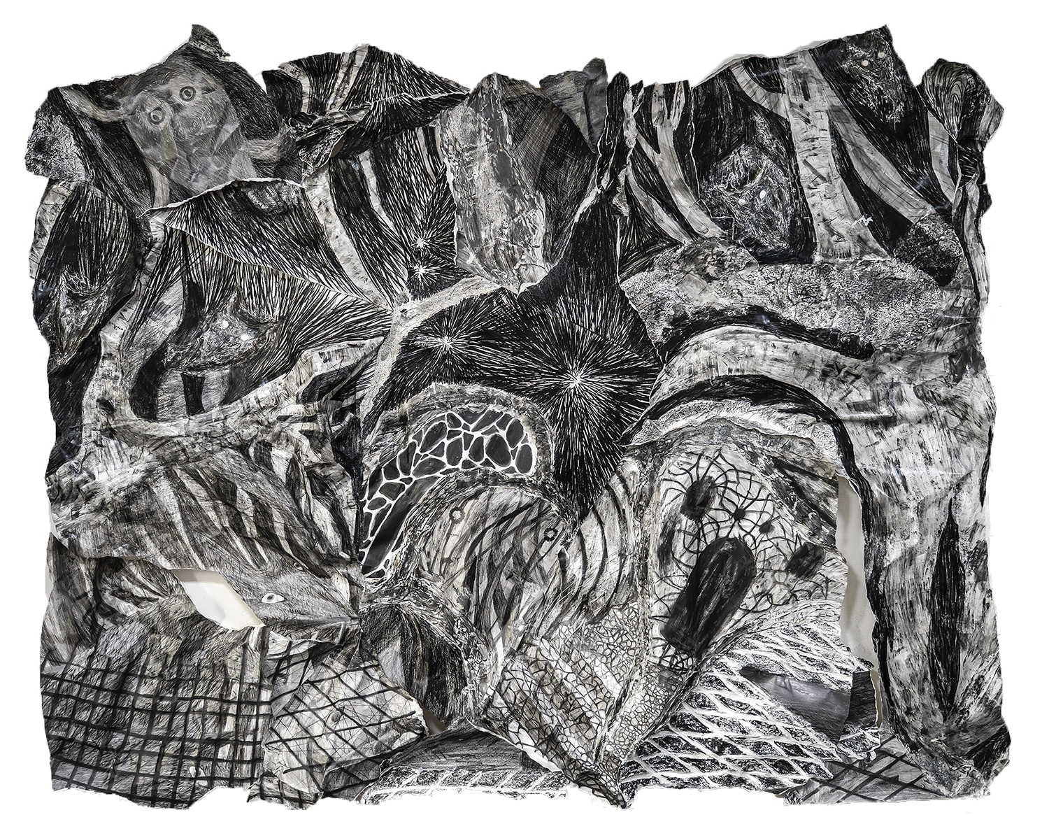 물러나는 벽6, 2022, 종이에 흑연, 혼합재료, 콜라주, 138x154cm