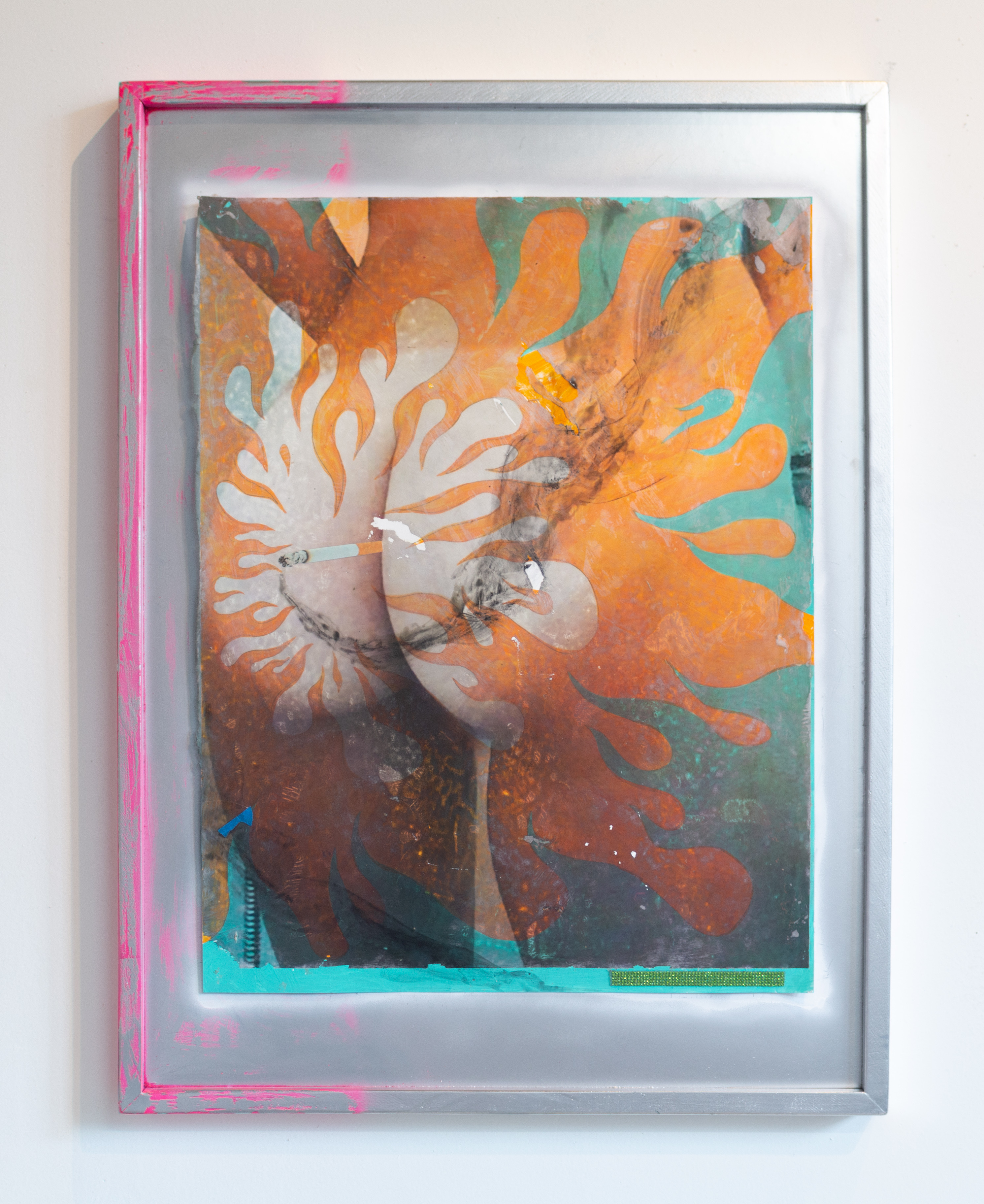 Liza Jo EilersBlowing SmokeAcrylic, rhinestones, colored pencil, tape, ink transfer, and collage on polypropylene paper in artist’s frame34x25.5"2021