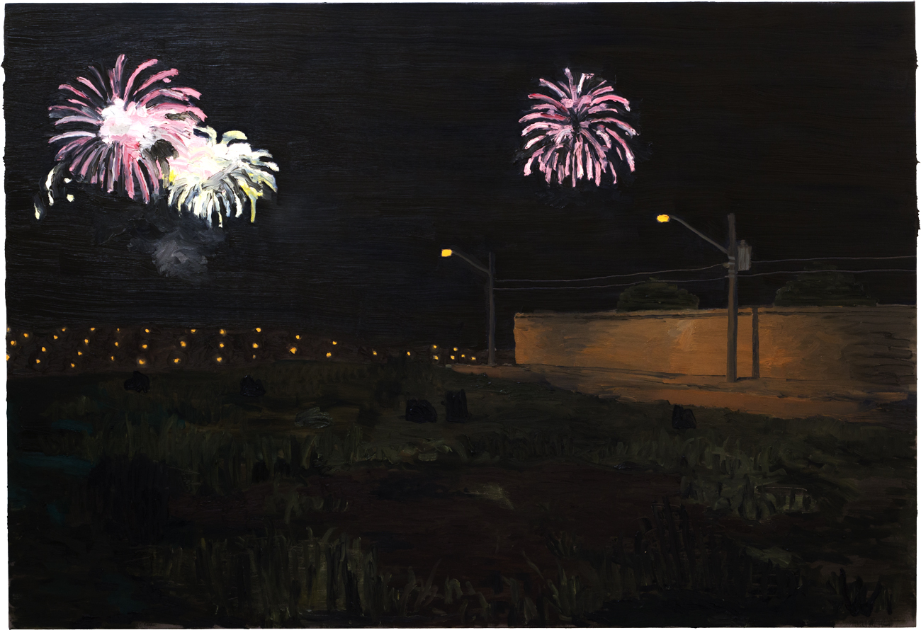 Paisagem com fogos de artif&iacute;cio, 2017, &oacute;leo sobre tela, 90 x 130 cm