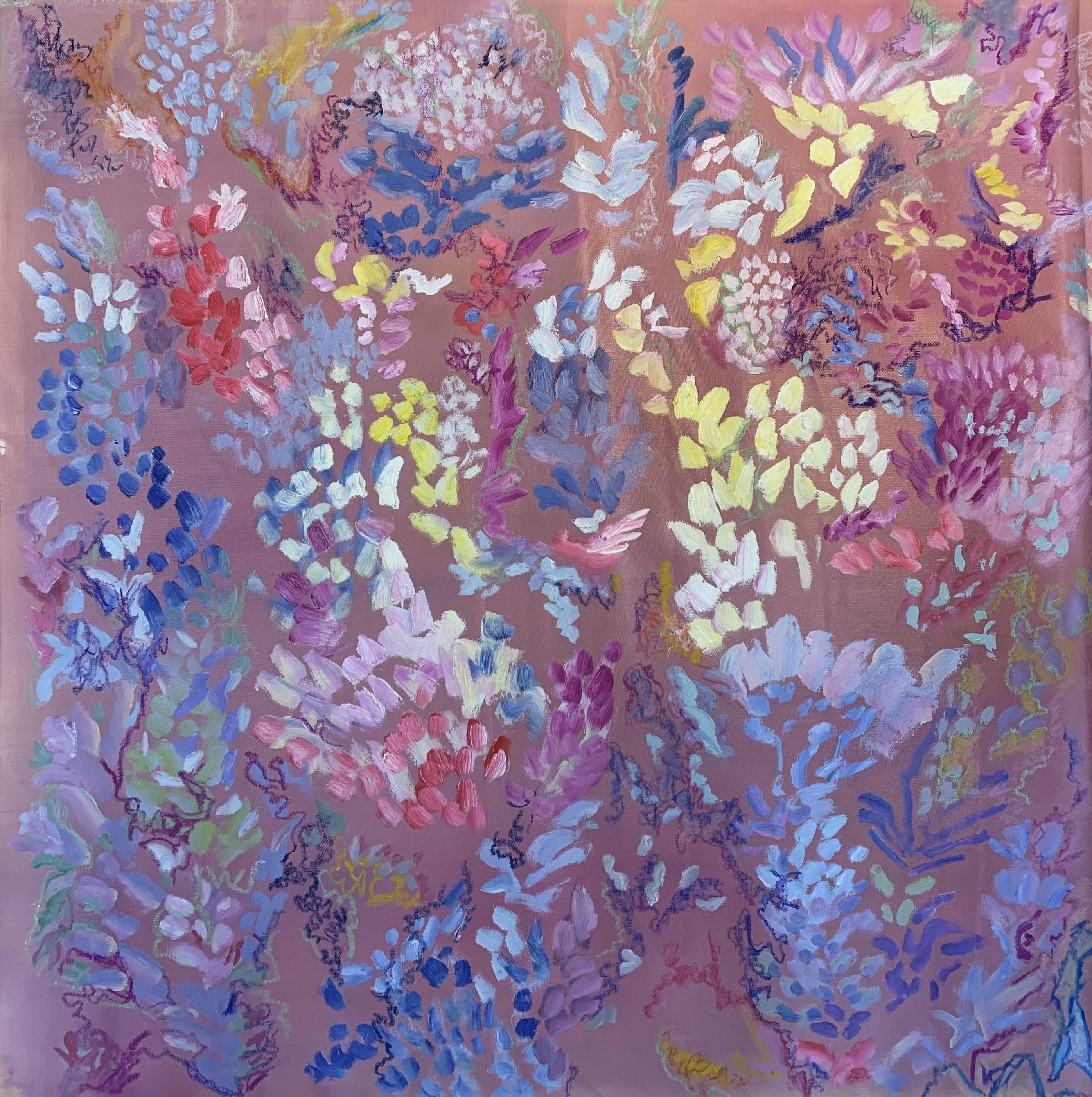 Bloom'  Oil and pastels on 35x35” canvas