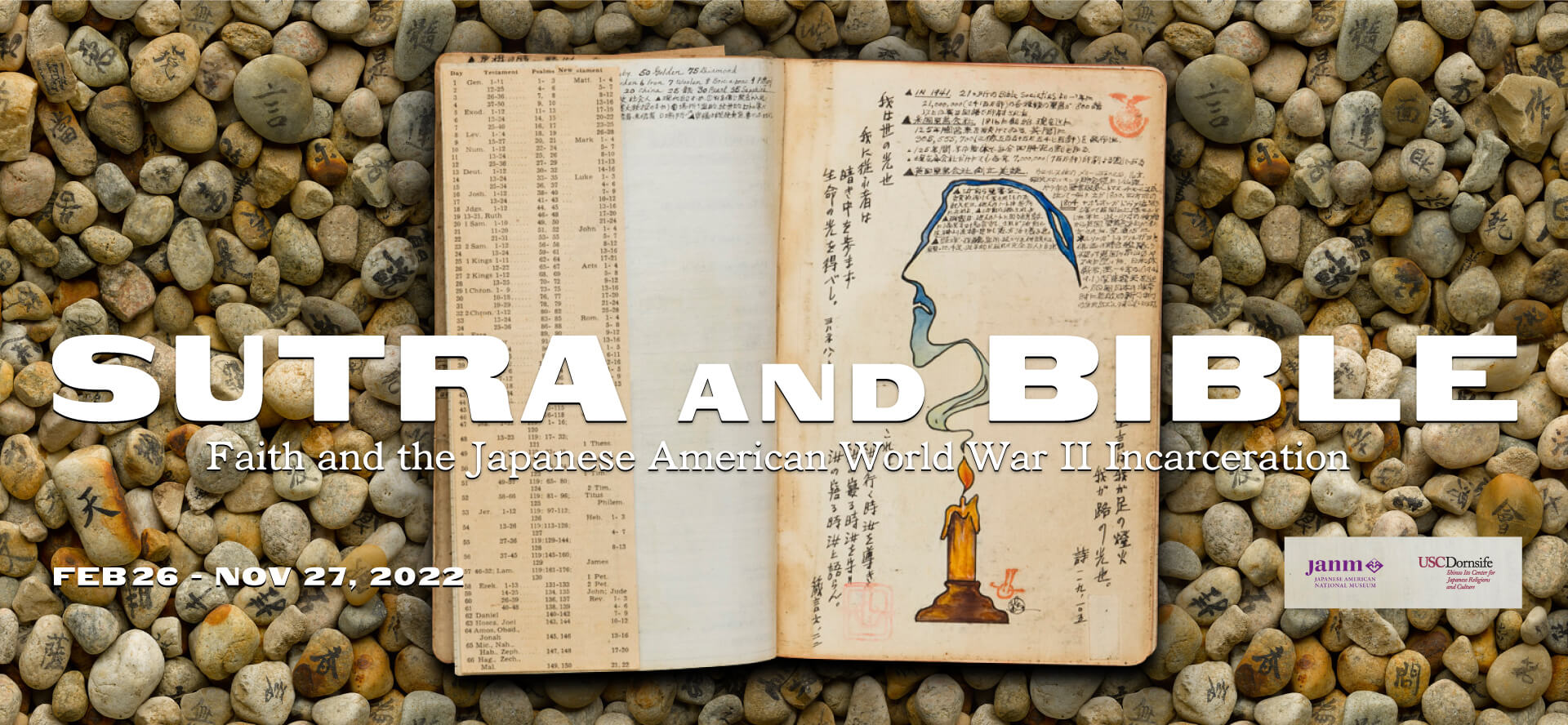 (Media image) Sutra and Bible: Faith and the Japanese American World War II Incarceration exhibit and book release, co-presented by Kaya Press, The Japanese American National Museum, and the Shinso Ito Center of Japanese Religions and Culture. Designed by Sean Deyoe.