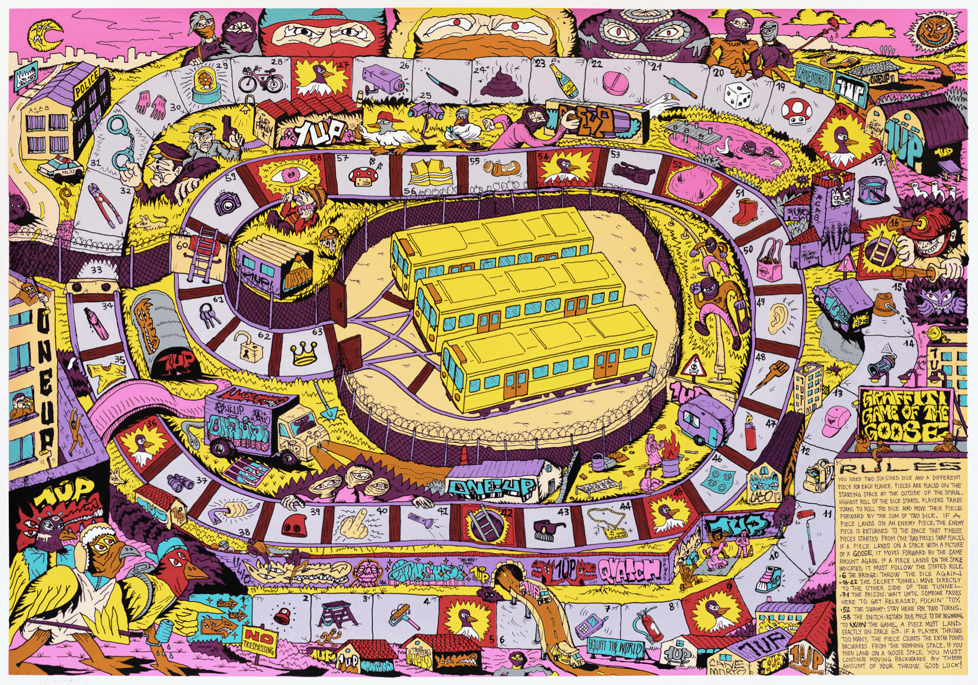 The Graffiti Game of The Goosecollaboration with 1UP, screen print on paper, printed by 56Fili for Varsi Lab, edition of 100, 100x70cm, 2021