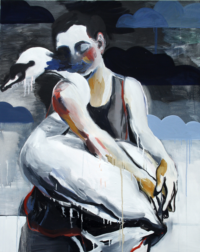 Boy with a swan, acrylic and oil on canvas, 90/70 cm