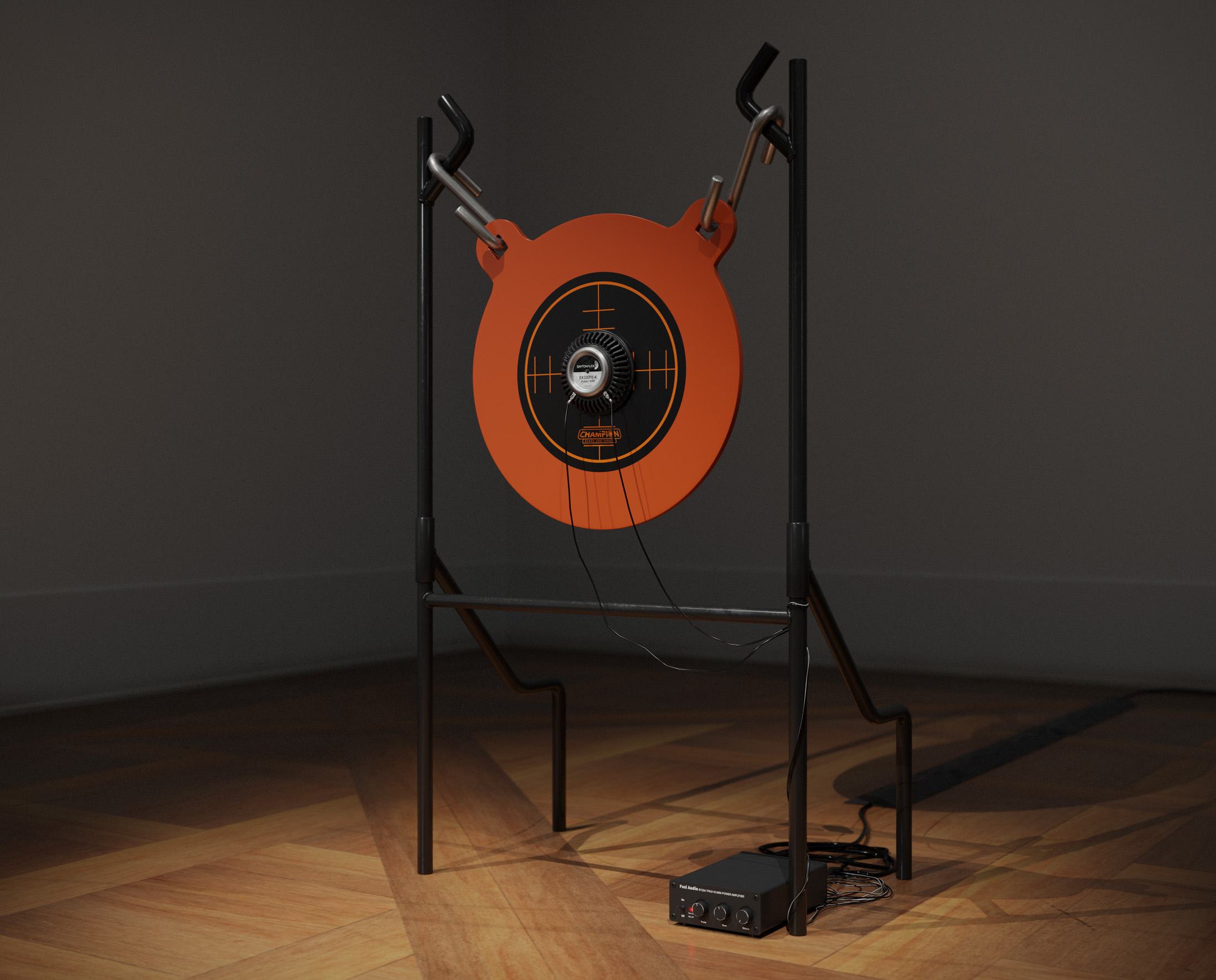 Simulation Sickness, 2025, slide projector, target gong with stand, ethically-sourced painted turtle shell, digital wind instruments, tactile transducers, rokkaku kite, aircraft cable, tape, wiring, amplifiers, midi interface, patch cords, hardware, dimensions variable