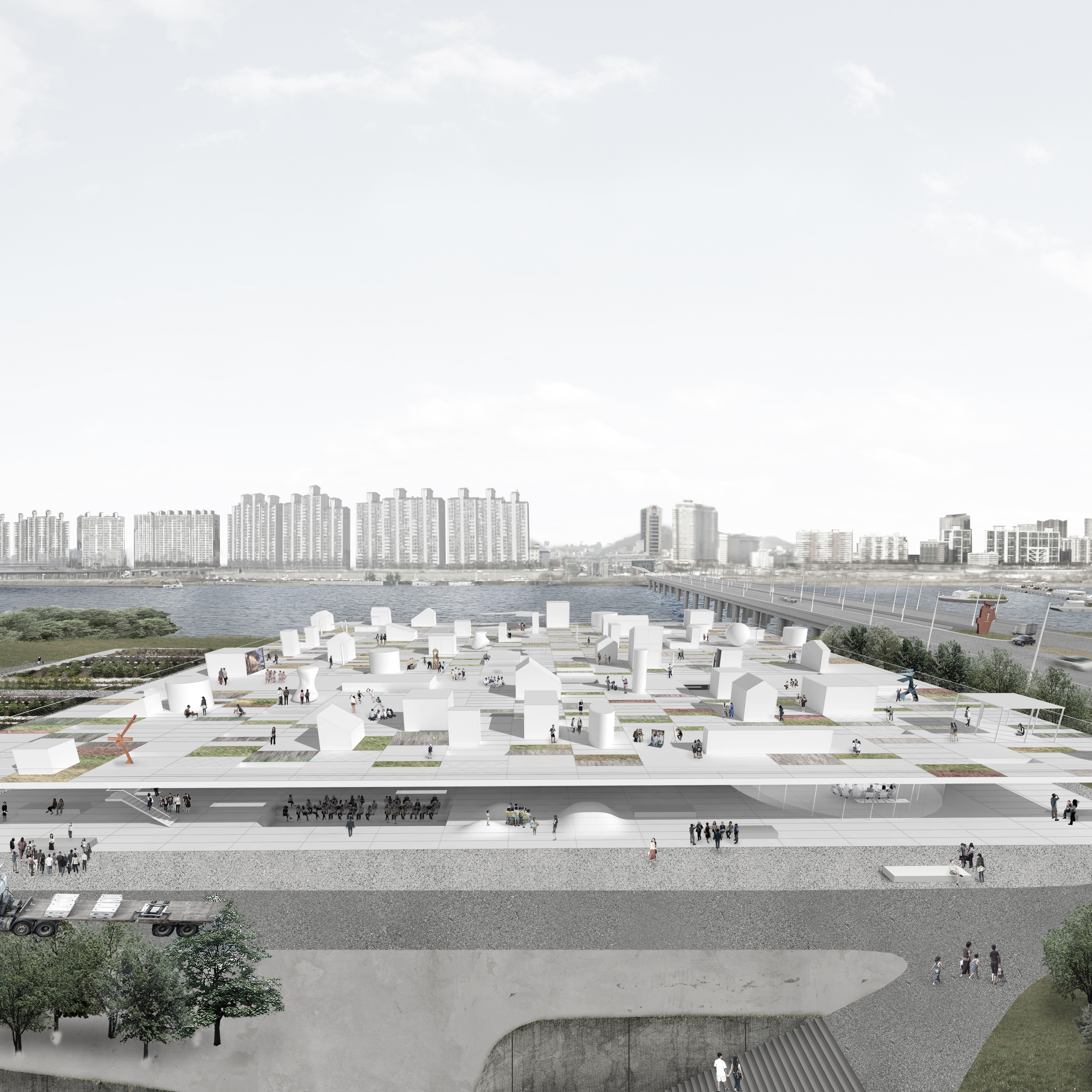 NODEUL ISLAND / A new civic structure in the city island of the Han River, proposing an experimental new ground based on the traditional Korean unit of agricultural “badt.” Commissioned by the City of Seoul, the project was exhibited at the 2014 Seoul Architecture Festival.