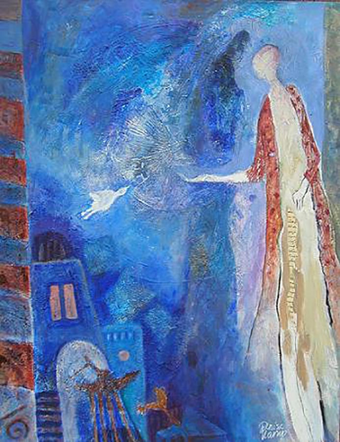 Luister en zuiver mijn zwijgen Citaat: Mischa de Vreede Werk op doek, 2005 100 x 80 cm  Gebruikte technieken: acrylverf, collage, olieverf.